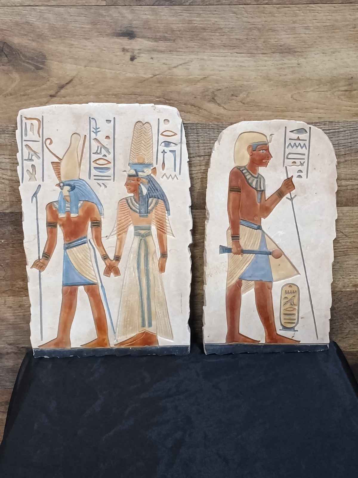 Vtg Egyptian Revival Relief Carved Stone Lot of 2 Wall Plaque Hieroglyphic Horus