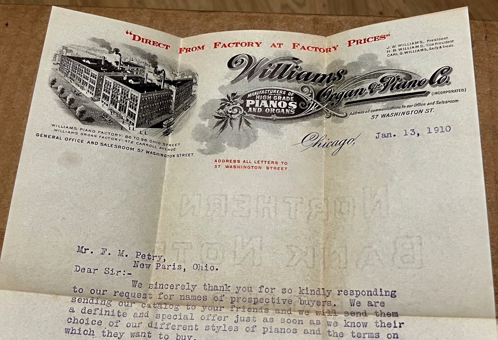 1910 Chicago Williams Organ & Piano Co Ephemera Letter Head Brochure Price List