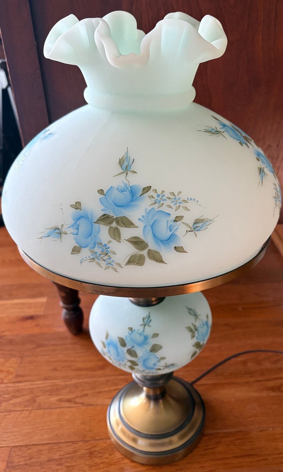 Vintage Fenton Hurricane Lamp Blue Floral Hand Painted & Signed - Francis Burton