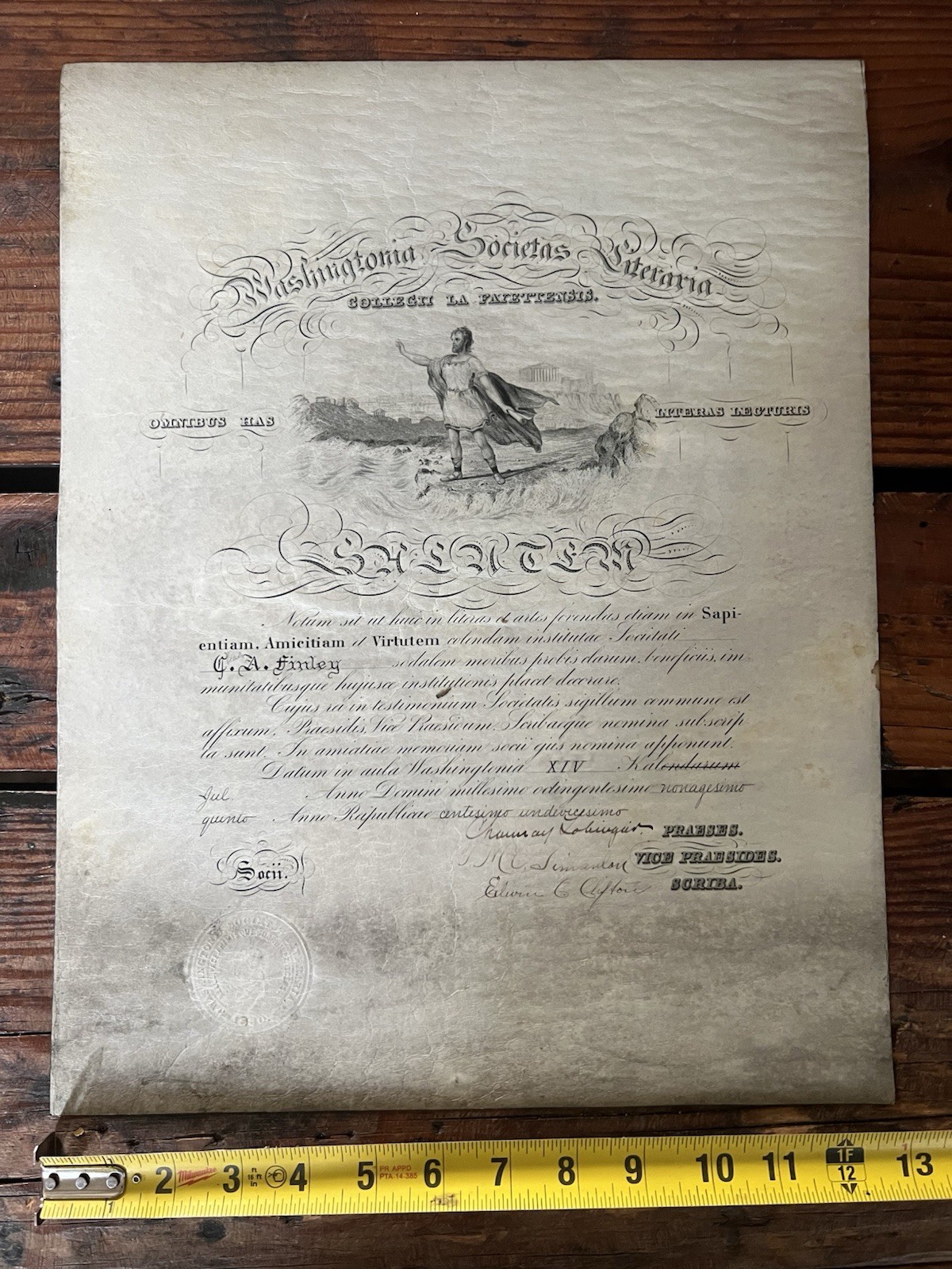 Antique Latin Literary Society Certificate Washingtonia Societas Literaria 1895