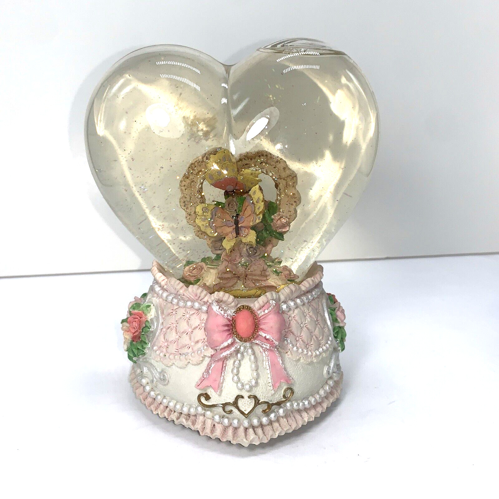 Butterfly Glass Snow Water Globe Music Box Heart Shaped, Plays Love Me Tender