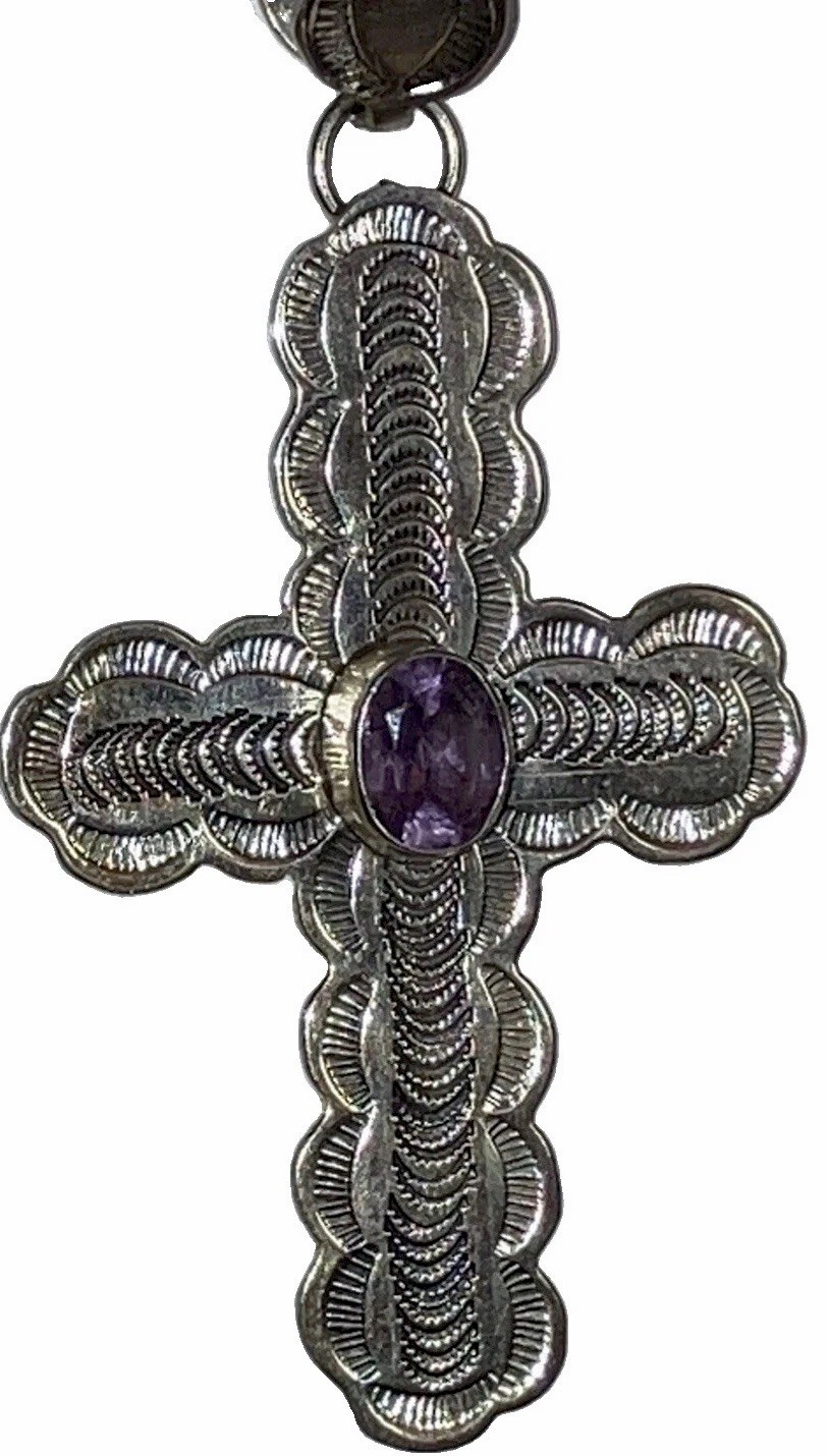 Amethyst Stamped Cross Pendant Sterling THE METROPOLITAN MUSEUM Ball Beads 40gms Amethyst Stamped Cross Pendant Sterling THE METROPOLITAN MUSEUM Ball Beads 40gms