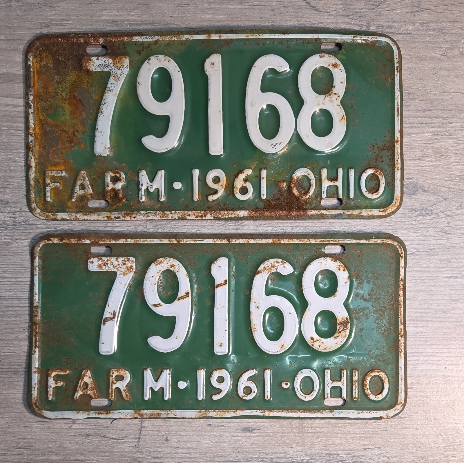 Vintage 1961 Ohio Farm License Plate Set of 2 Green 79168 Matching Pair 