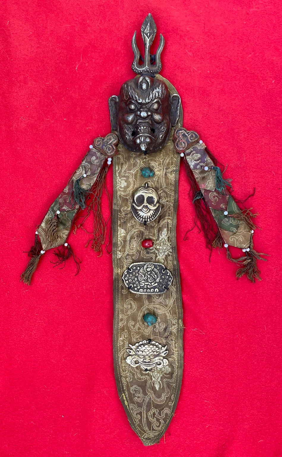 Tibetan Buddhist ~ Bon Shaman Wrathful Deity On Brocade Damaru Drum Tail Tibetan Buddhist ~ Bon Shaman Wrathful Deity On Brocade Damaru Drum Tail