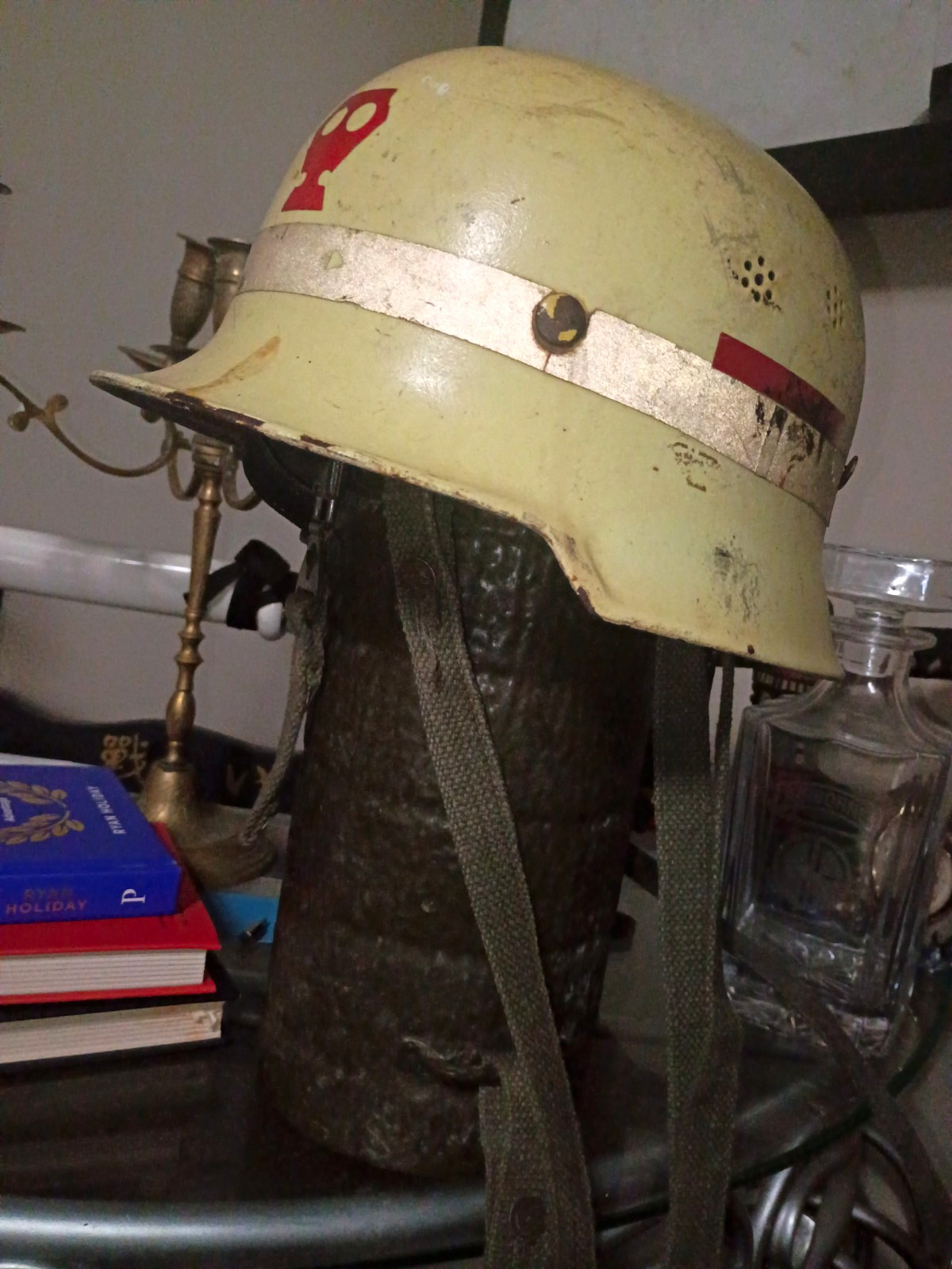 Eschmann German Military Helmet w/ Liner & Chin Strap Cream/White Red Markings Eschmann German Military Helmet w/ Liner & Chin Strap Cream/White Red Markings