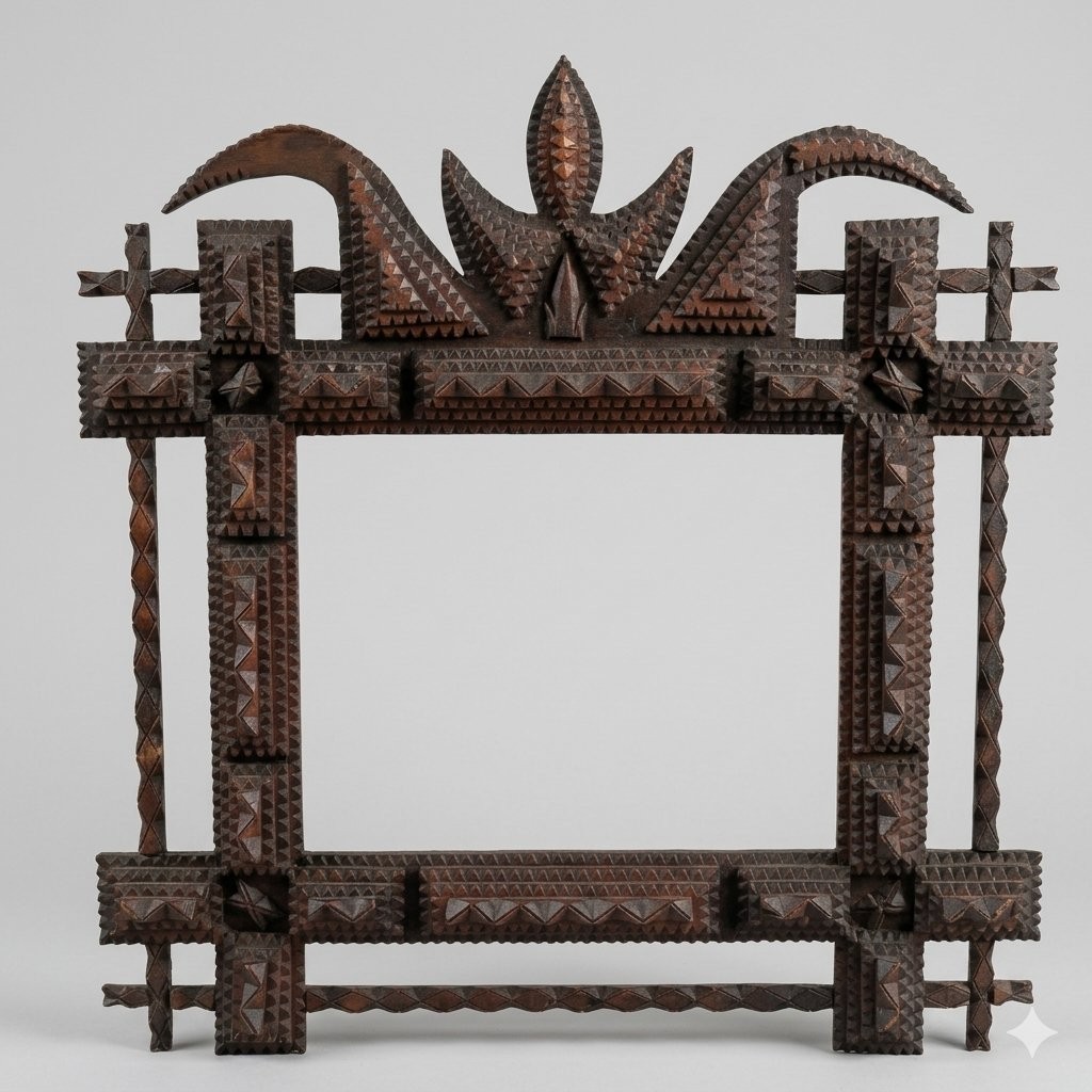 Vintage Tramp Art Frame, Rustic Folk Art Mirror Display (42cm)
