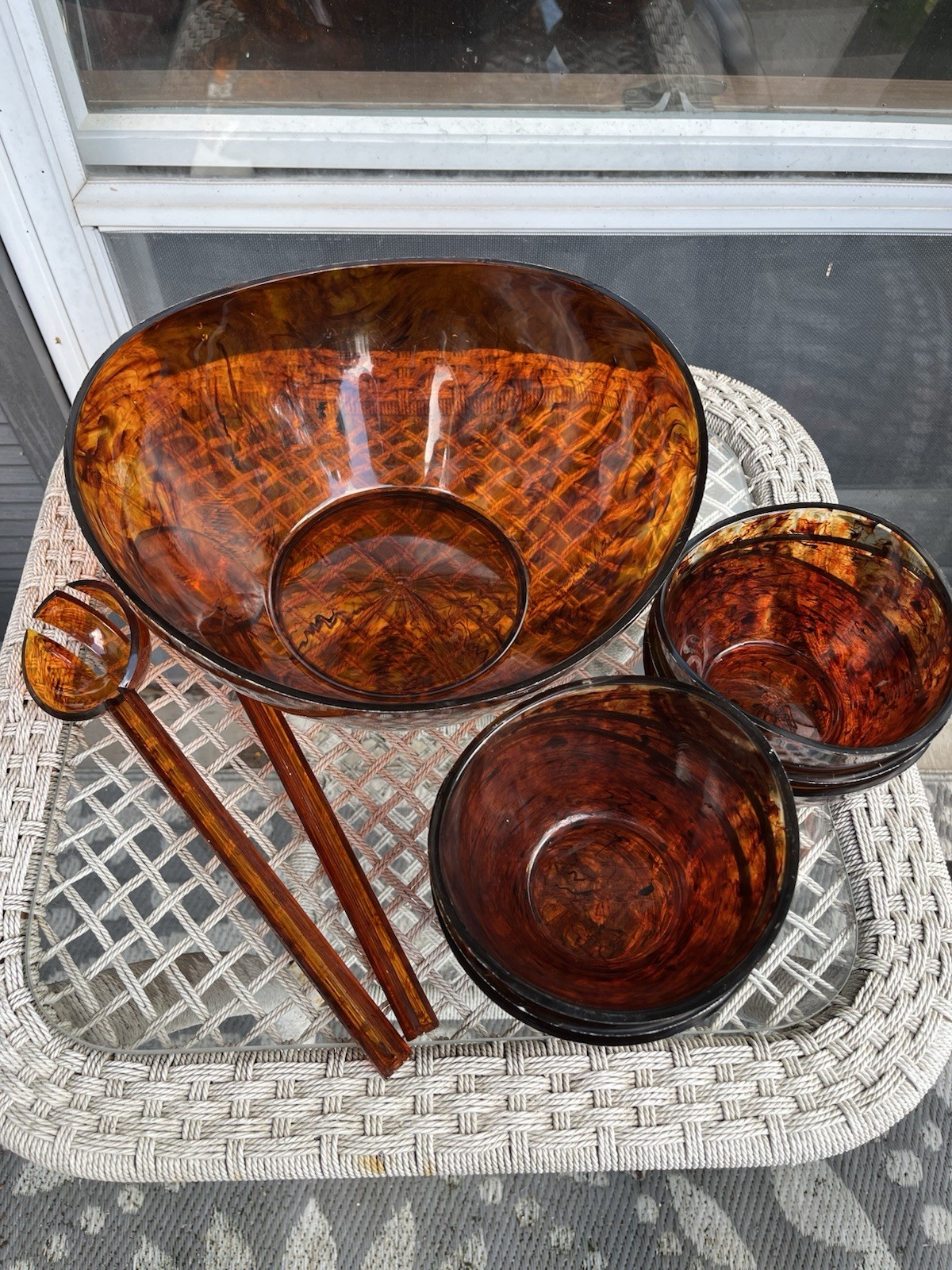Vtg MCM Tortoise Shell Lucite Salad Bowl Serving Set Lg Bowl, 6 Sm Bowls 2 Spoon