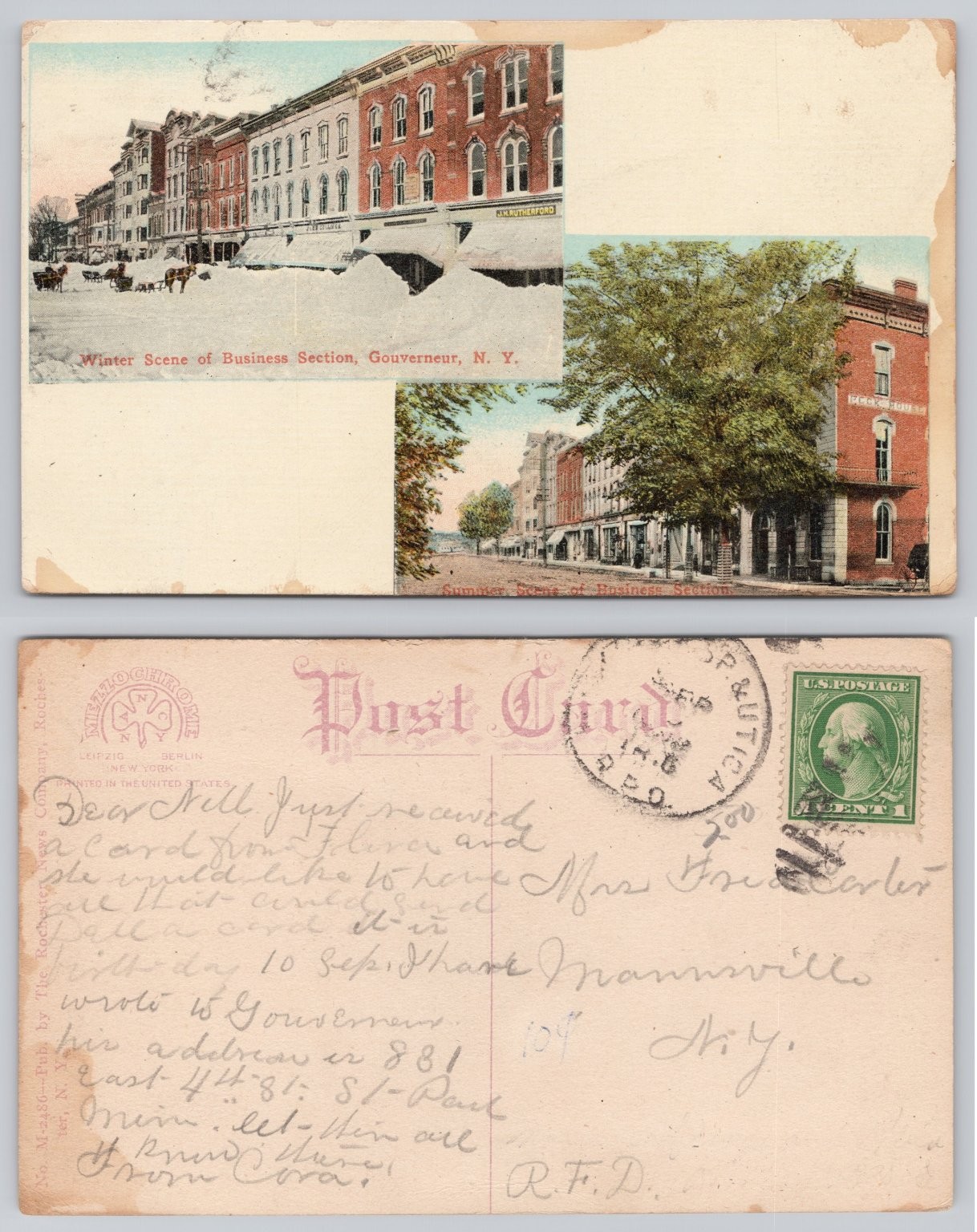 Gouverneur NY Winter Summer Business Section Peck House 1907 Postcard