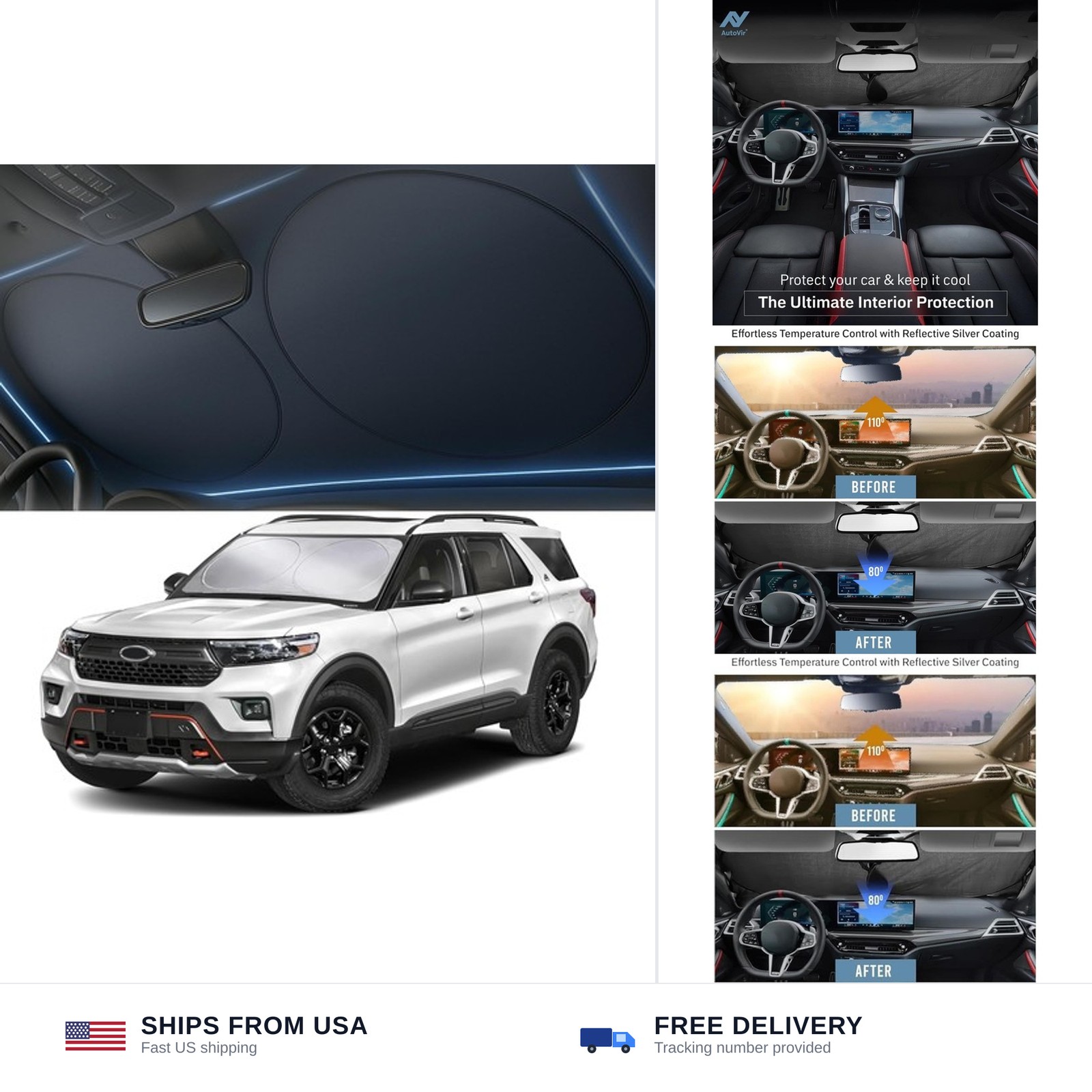 Autovir Windshield Sun Shade, Foldable Car Window Shades, 280T Visor Shade Autovir Windshield Sun Shade, Foldable Car Window Shades, 280T Visor Shade