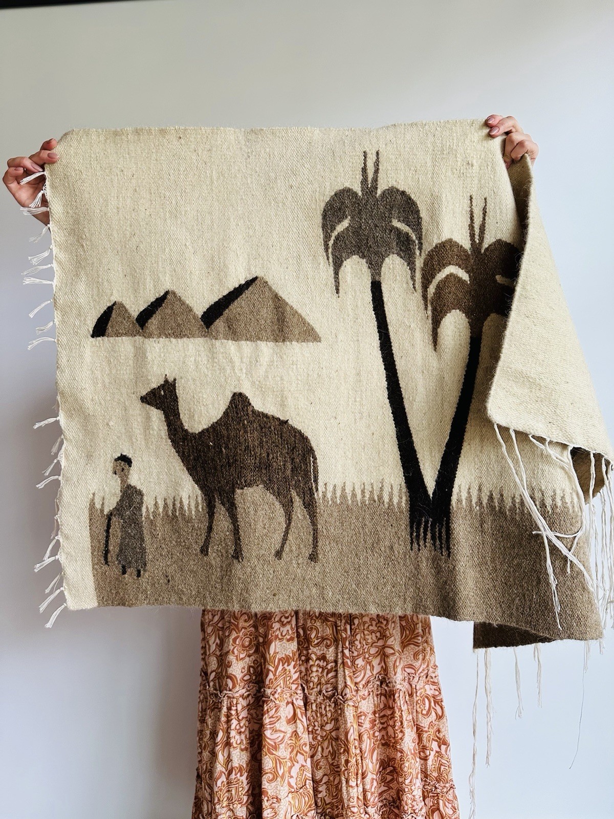 Vintage Handwoven Wool Camel Tapestry Rug Egyptian Desert Wall Hanging 45x29