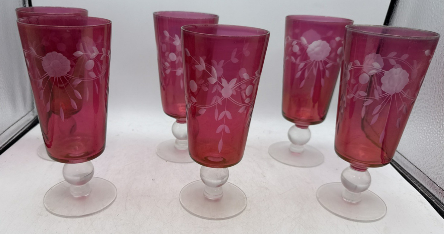 Cranberry Flash Glass Pedestal Glass Flower & Leaf Cut To Clear Set Of 6 Vintage Cranberry Flash Glass Pedestal Glass Flower & Leaf Cut To Clear Set Of 6 Vintage