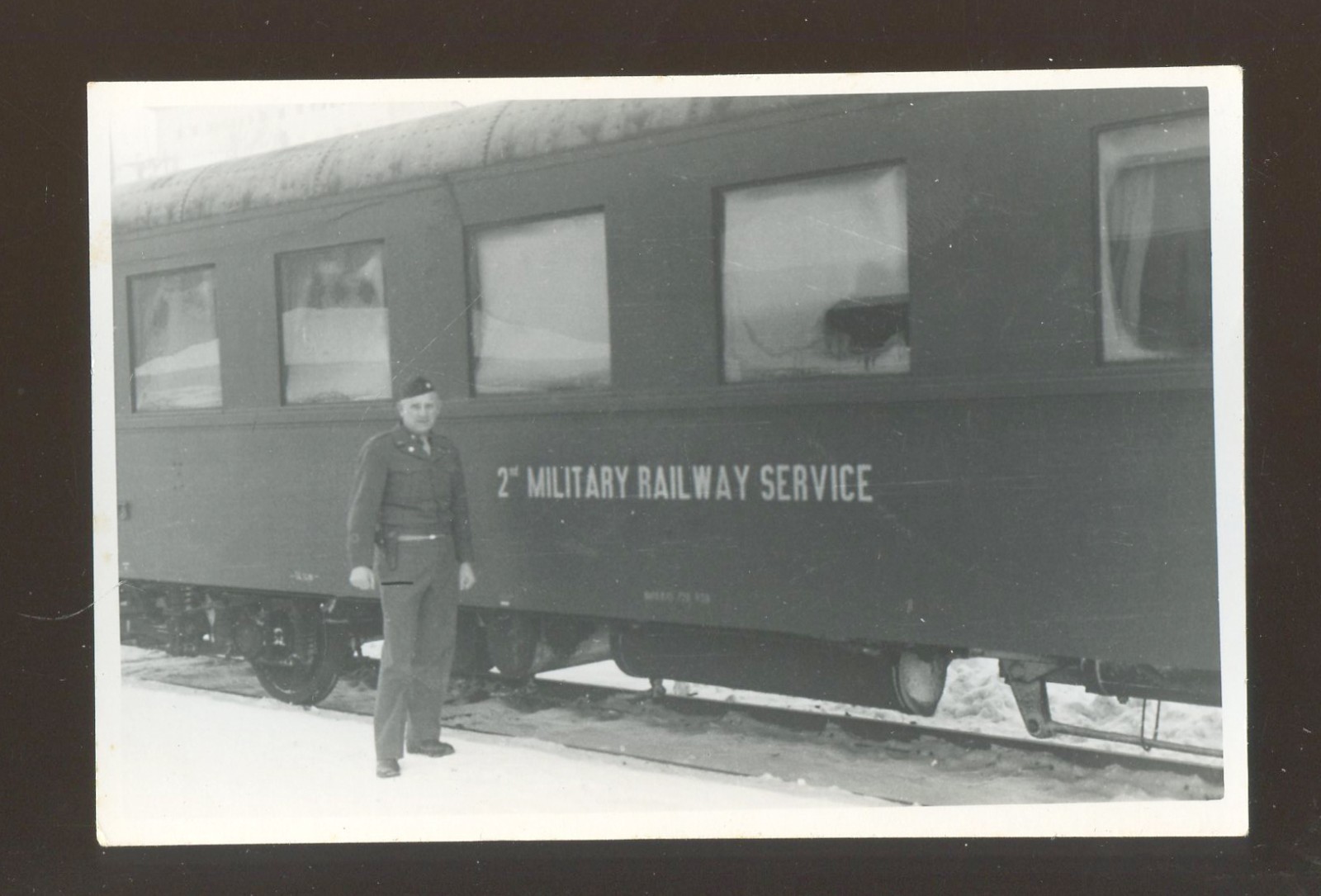 WWII WW2 Photo Passenger Coach 2nd MILITARY RAILWAY SERVICE Logo, Soldier Pistol