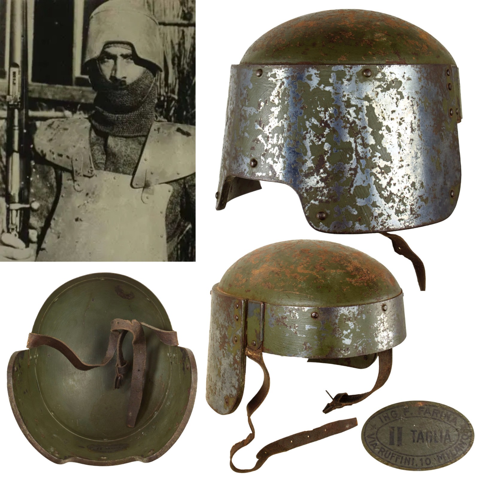 Italian WWI Farina Armored Steel Combat Helmet with Maker Label Italian WWI Farina Armored Steel Combat Helmet with Maker Label