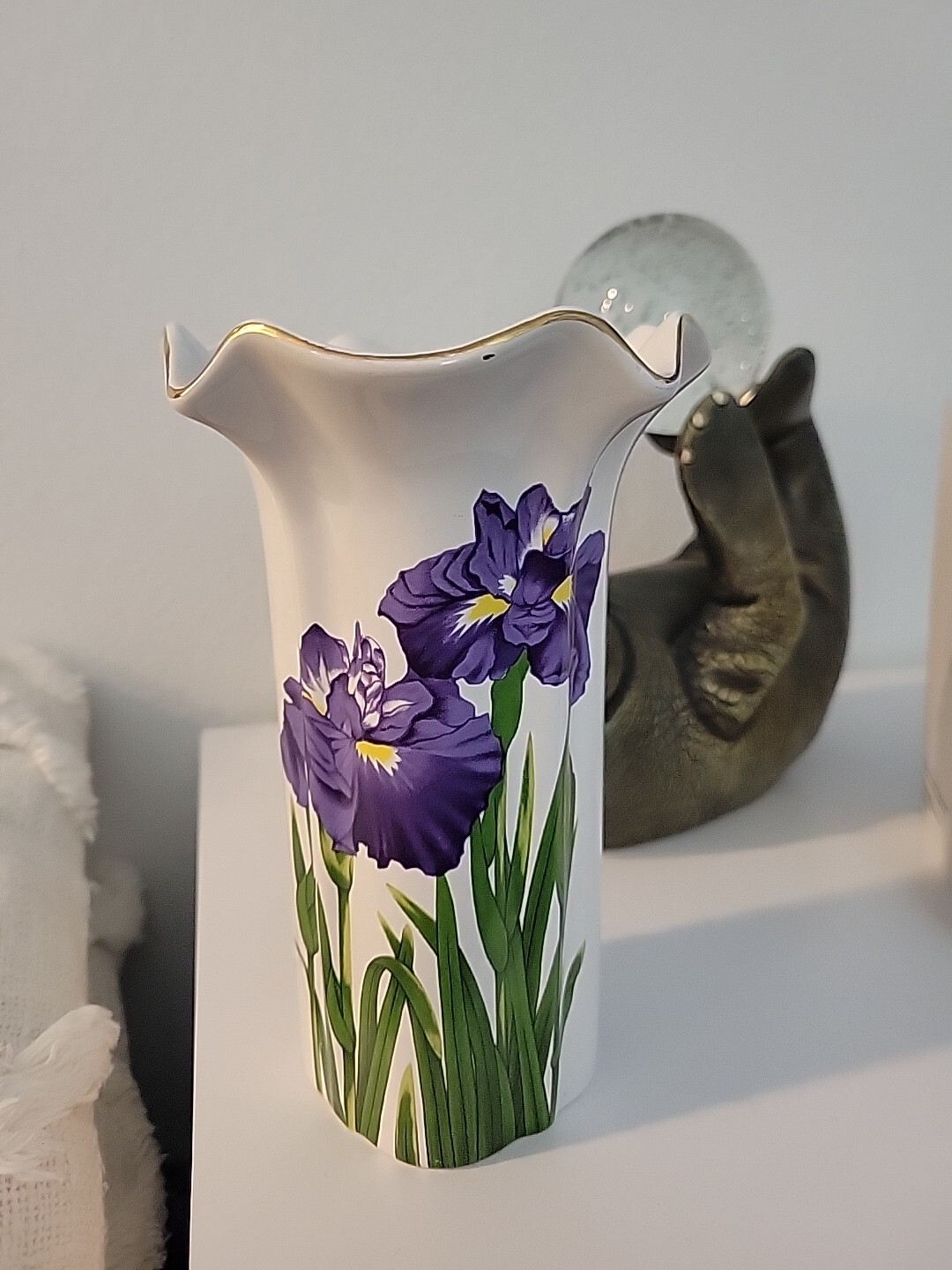 Tall Porcelain Floral Bouquet Vase Scalloped Gold Rim Trim Purple Iris Flowers
