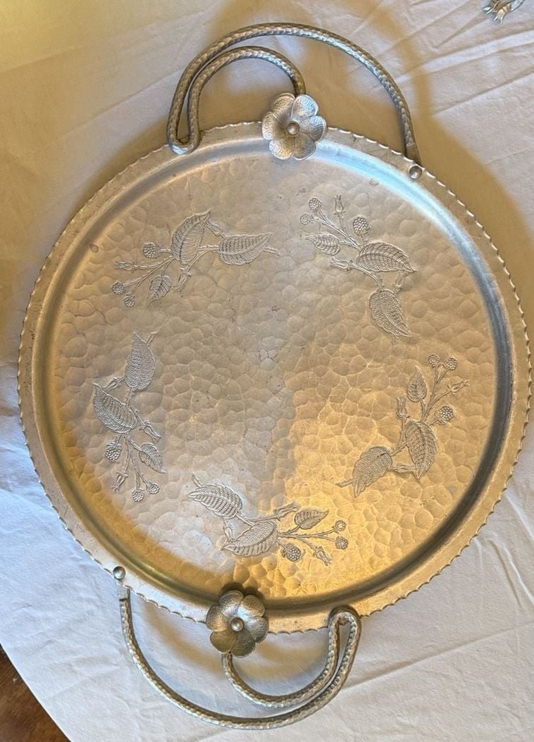 Wrought Farberware Serving Tray Hammered Aluminum Floral Handles