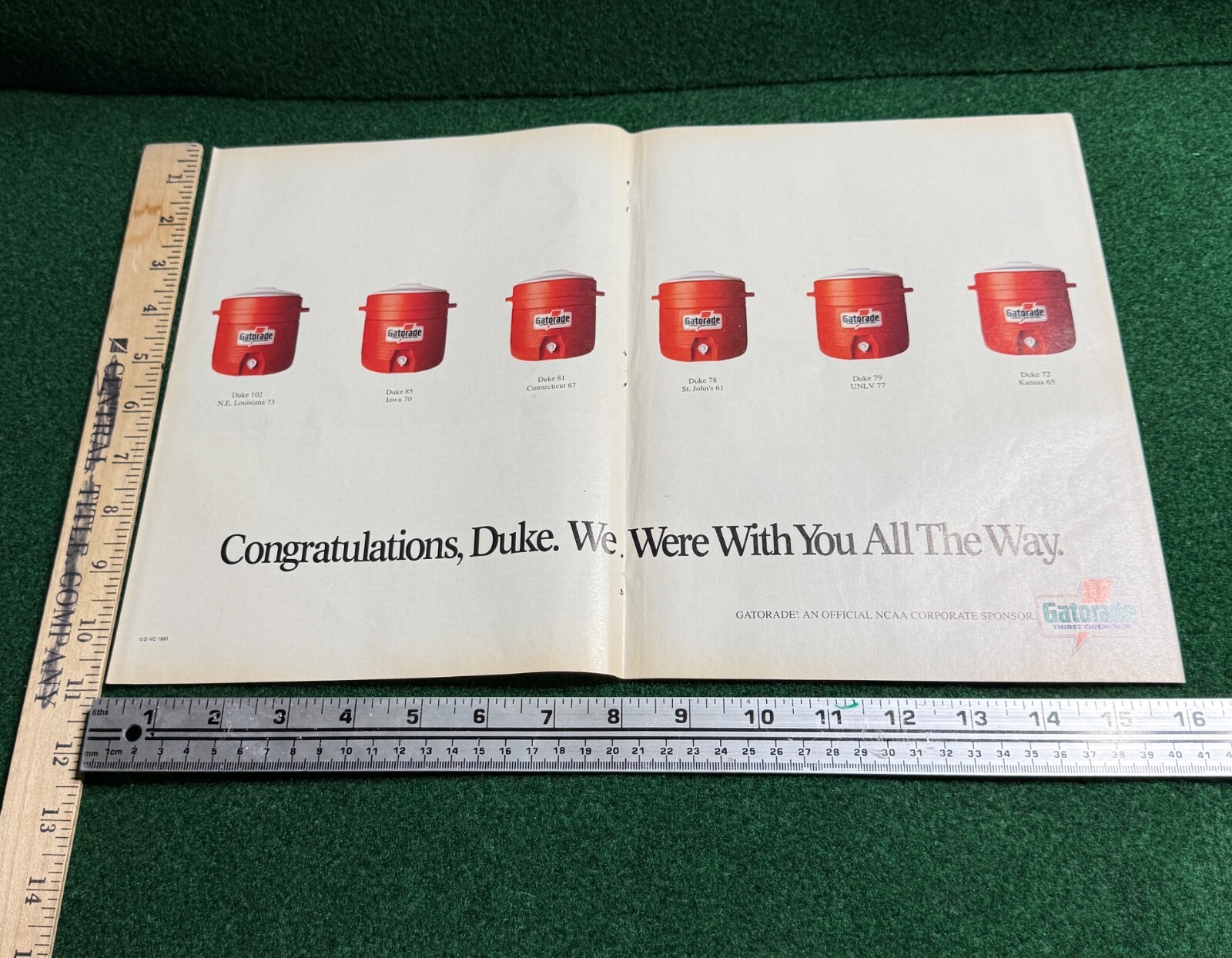 Rare GATORADE Print Ad - Congratulations Duke: 1991 NCAA Mens Basketball Champs