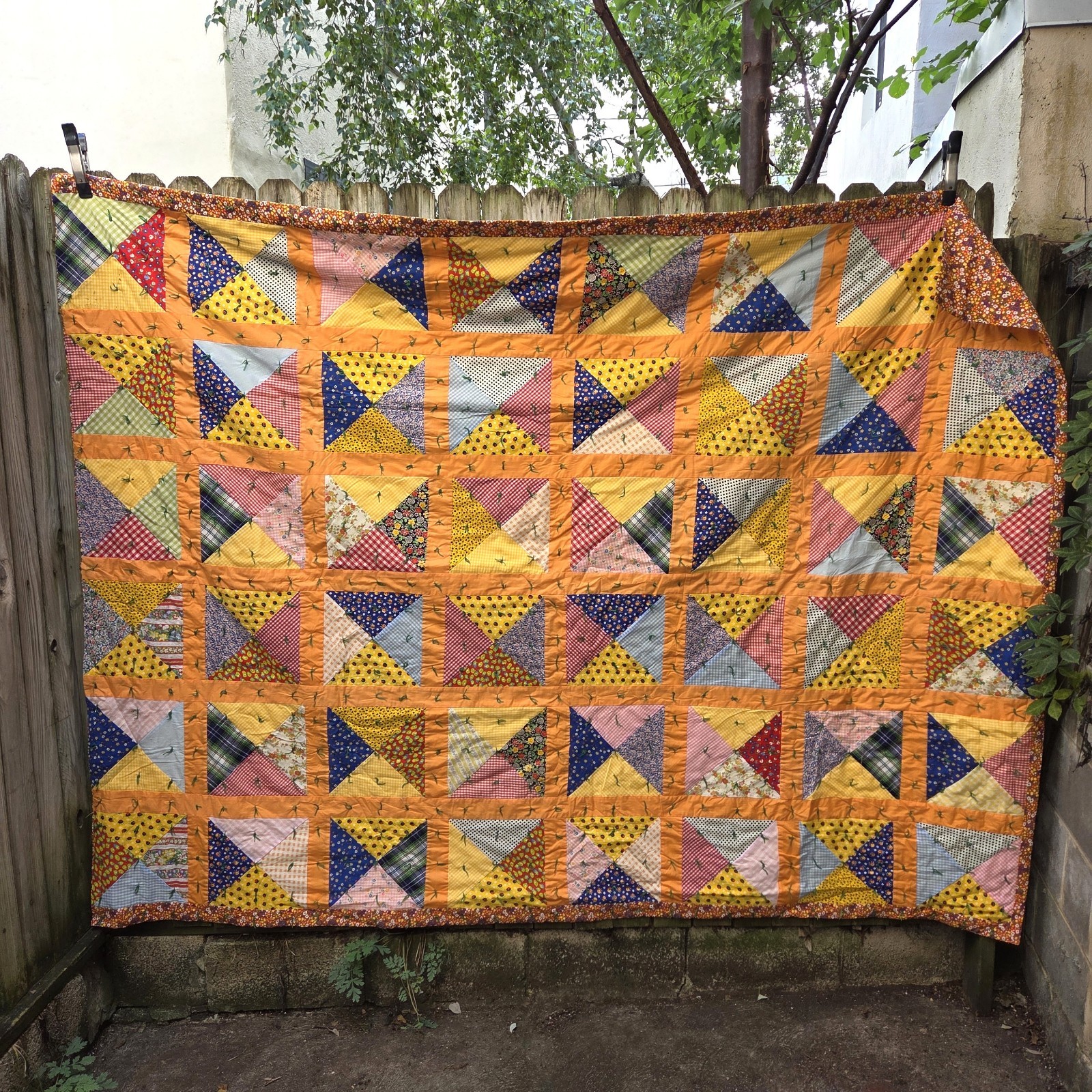 Vintage Patchwork Quilt Hourglass Square Orange Floral Handmade Tied 80x70 Vintage Patchwork Quilt Hourglass Square Orange Floral Handmade Tied 80x70