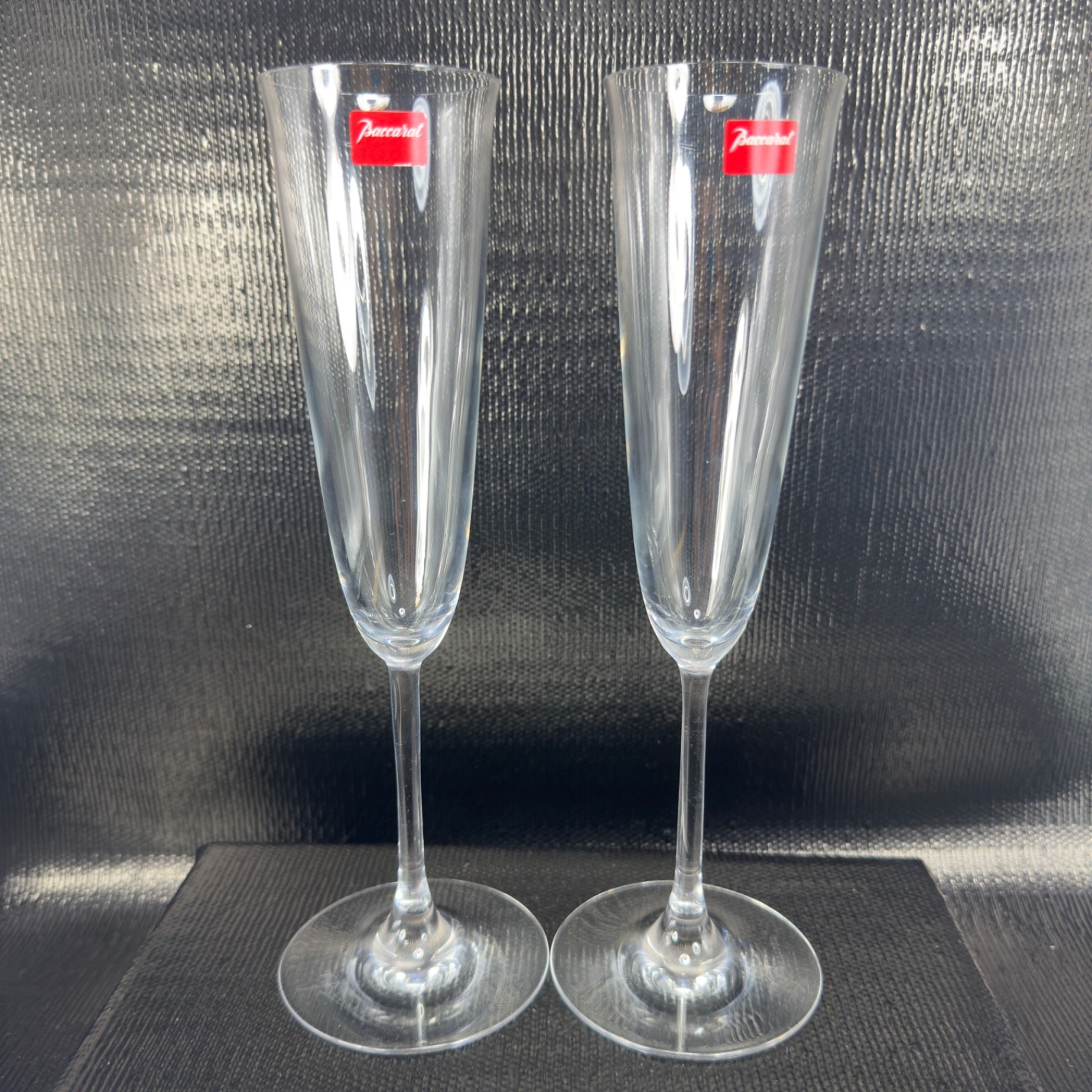 Baccarat FILAO Fluted Champagne Glass Clear Crystal Stems Signed W Stickers Set2 Baccarat FILAO Fluted Champagne Glass Clear Crystal Stems Signed W Stickers Set2