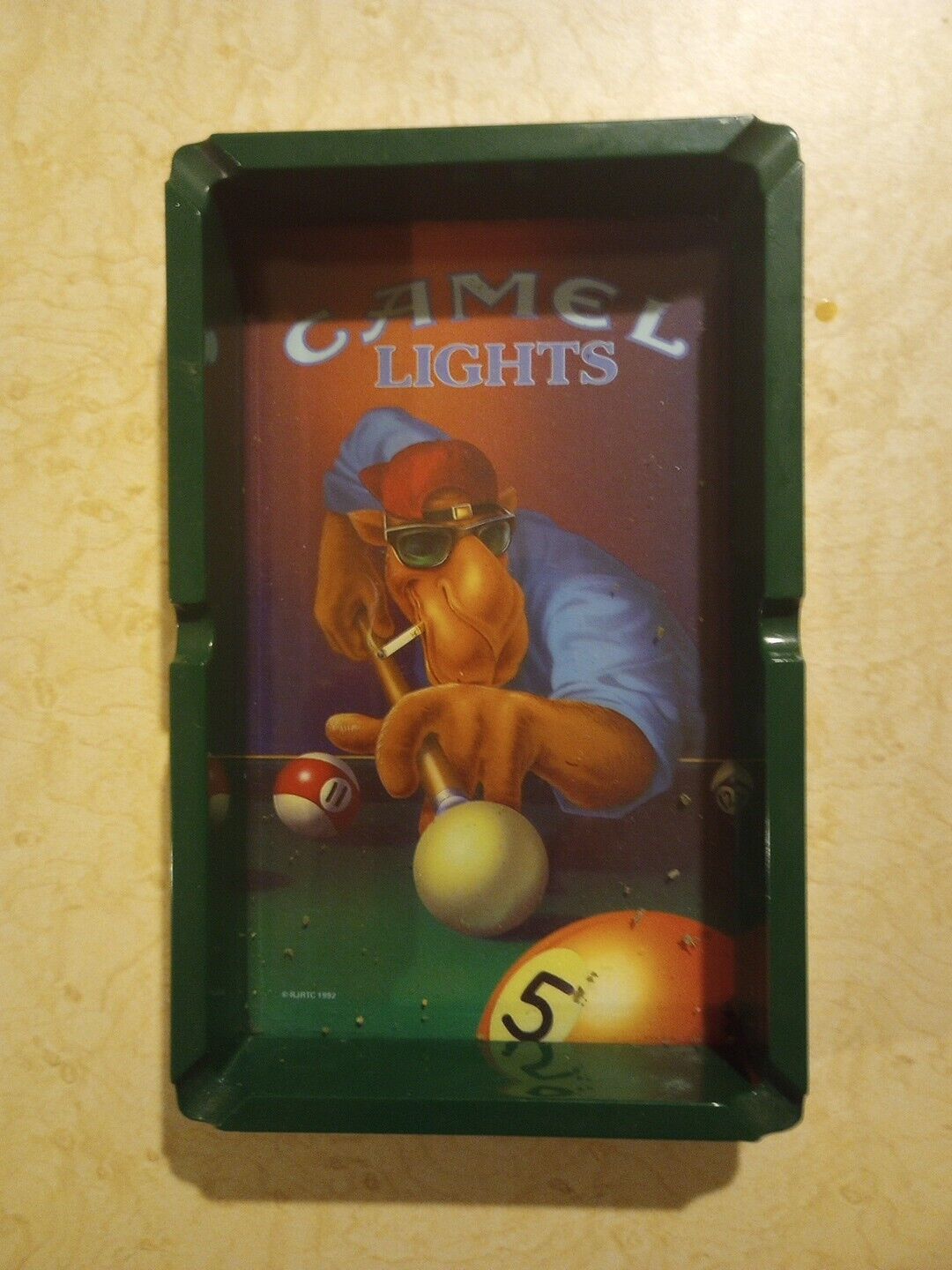 Vintage Camel Lights Ashtray, With Camel Playing Pool 