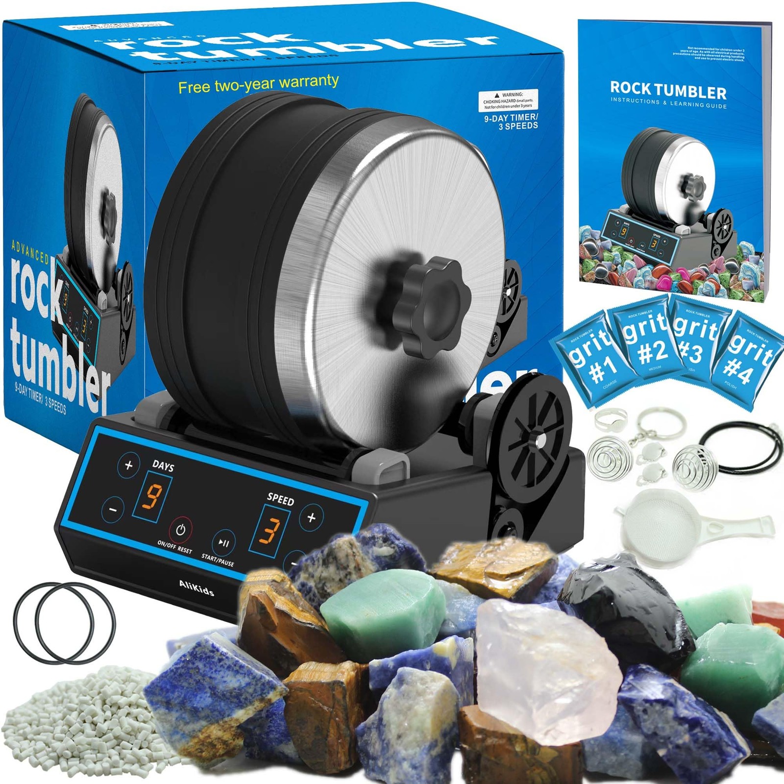 3.6LB Professional Rock Tumbler Kit, 3 Speed Settings & Digital 9-Day Timer, Rou