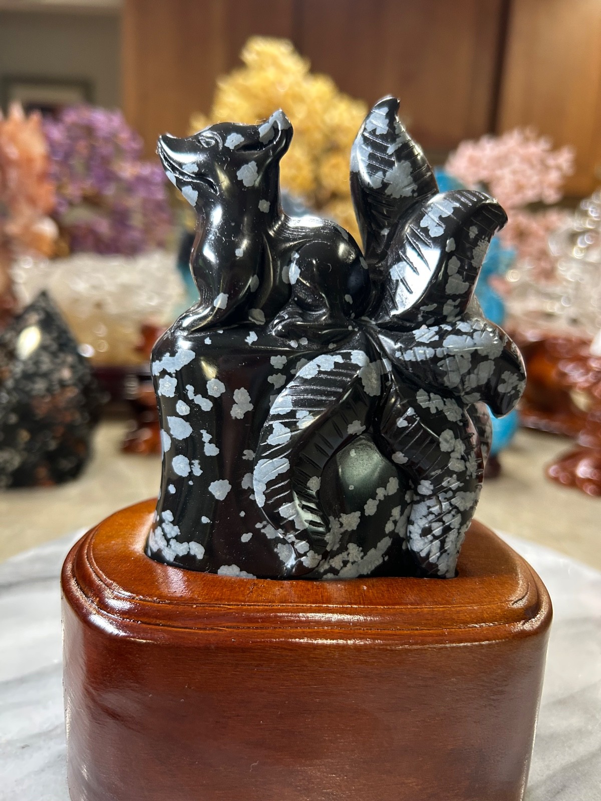 9 nine tail Fox snowflake obsidian hand carved with custom wood stand 9 nine tail Fox snowflake obsidian hand carved with custom wood stand