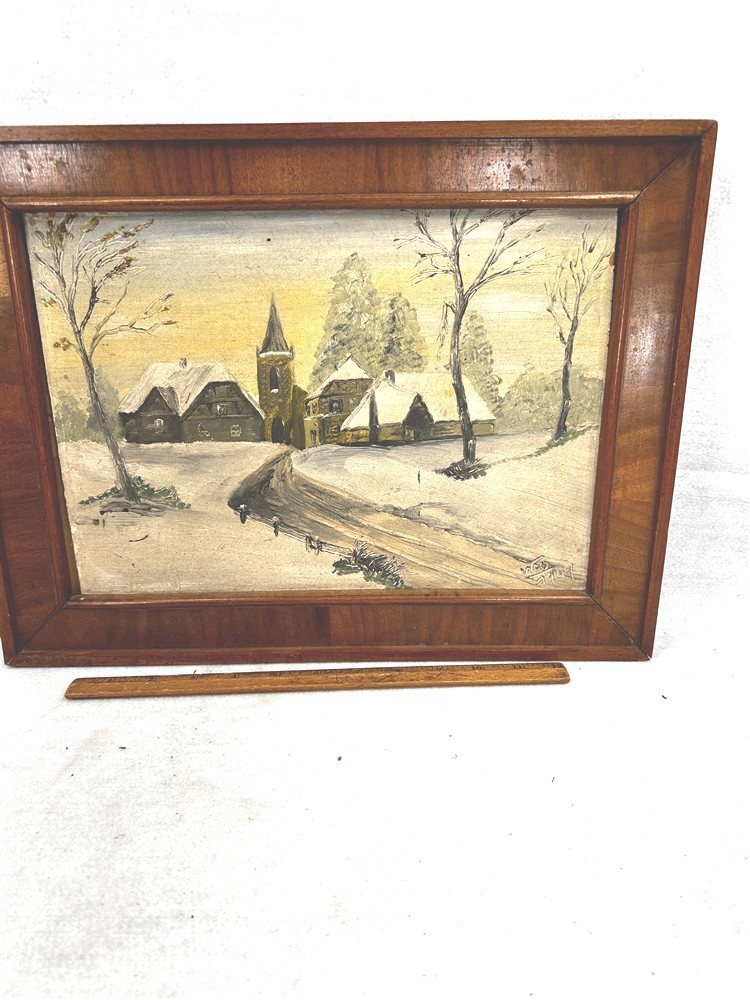 antique picture frame wooden oil painting winter scene 12 x 16 original 19thc 