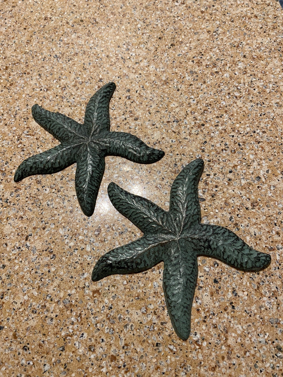 Cast Metal Painted Starfish Wall Decor Sage Green  Coastal Beach Set Of 2
