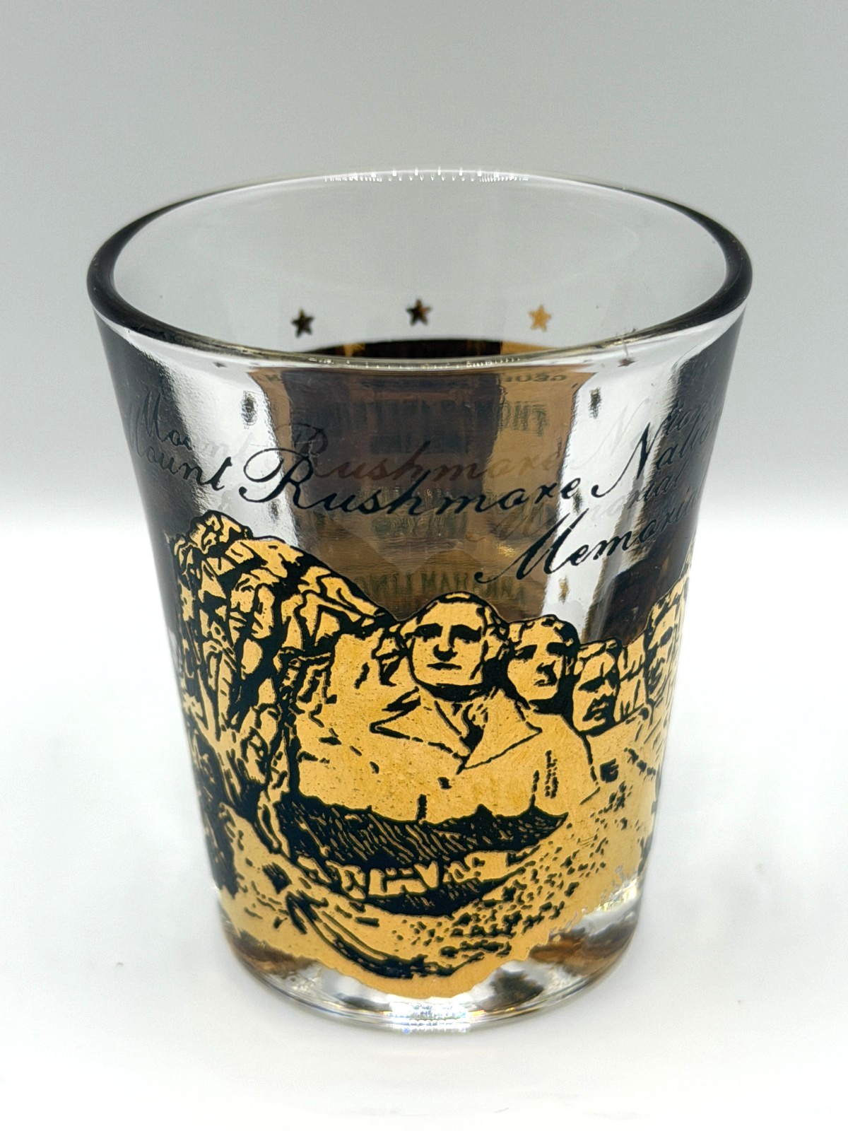 Vintage Mount Rushmore Souvenir Shot Glass Gold Black 22K