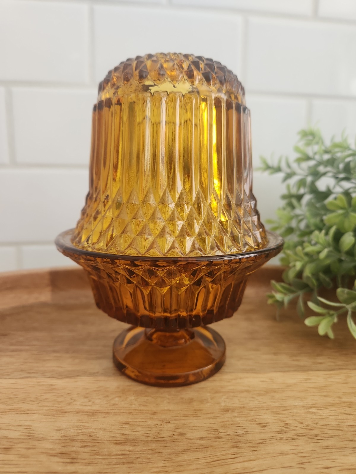 Vintage Fairy Lamp Indiana Glass Amber Diamond Point with Footed Base AS IS READ