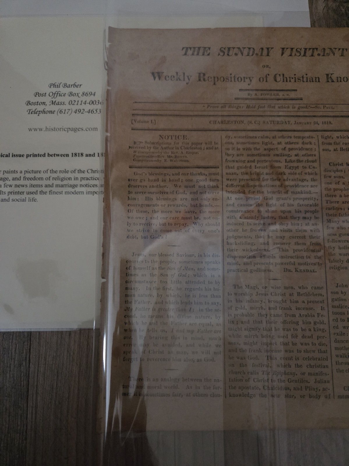 RARE 1818 Sunday Visitant Charleston SC Newspaper Antebellum South Barber COA RARE 1818 Sunday Visitant Charleston SC Newspaper Antebellum South Barber COA