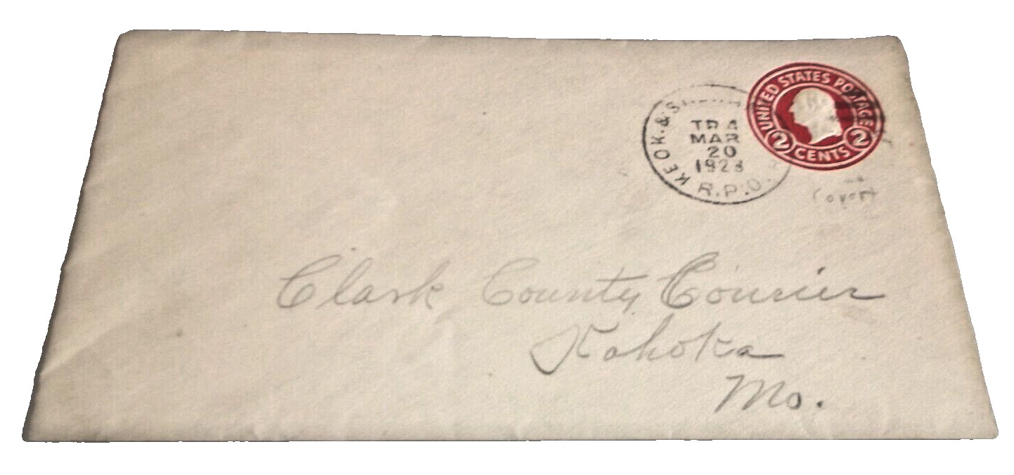 1923 BURLINGTON CB&Q KEOKUK & SHENANDOAH TRAIN #4 RPO HANDLED ENVELOPE