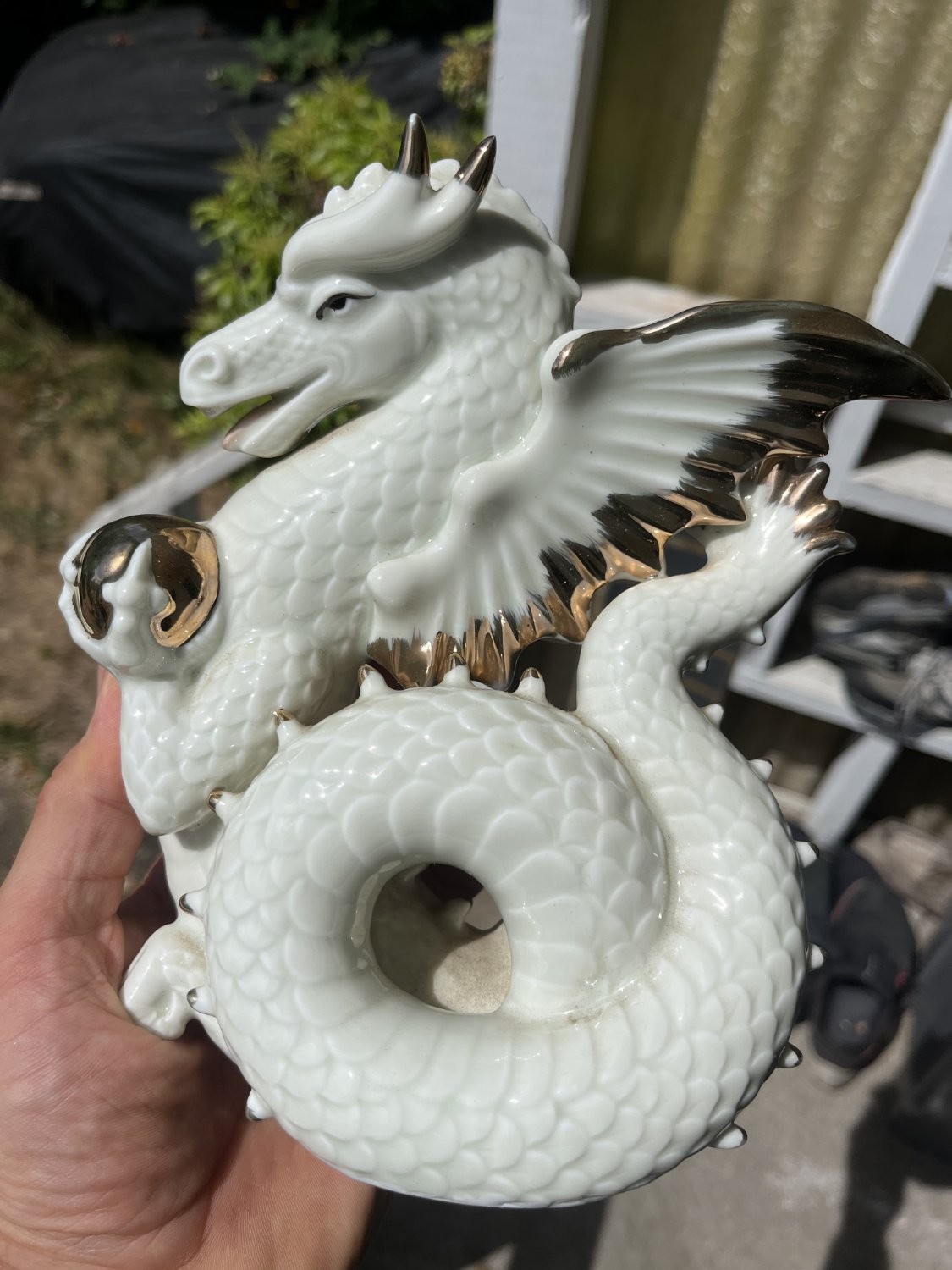 Vintage White & Gold Porcelain Dragon Figurine Flaming Pearl / Orb of Wisdom 8 Vintage White & Gold Porcelain Dragon Figurine Flaming Pearl / Orb of Wisdom 8