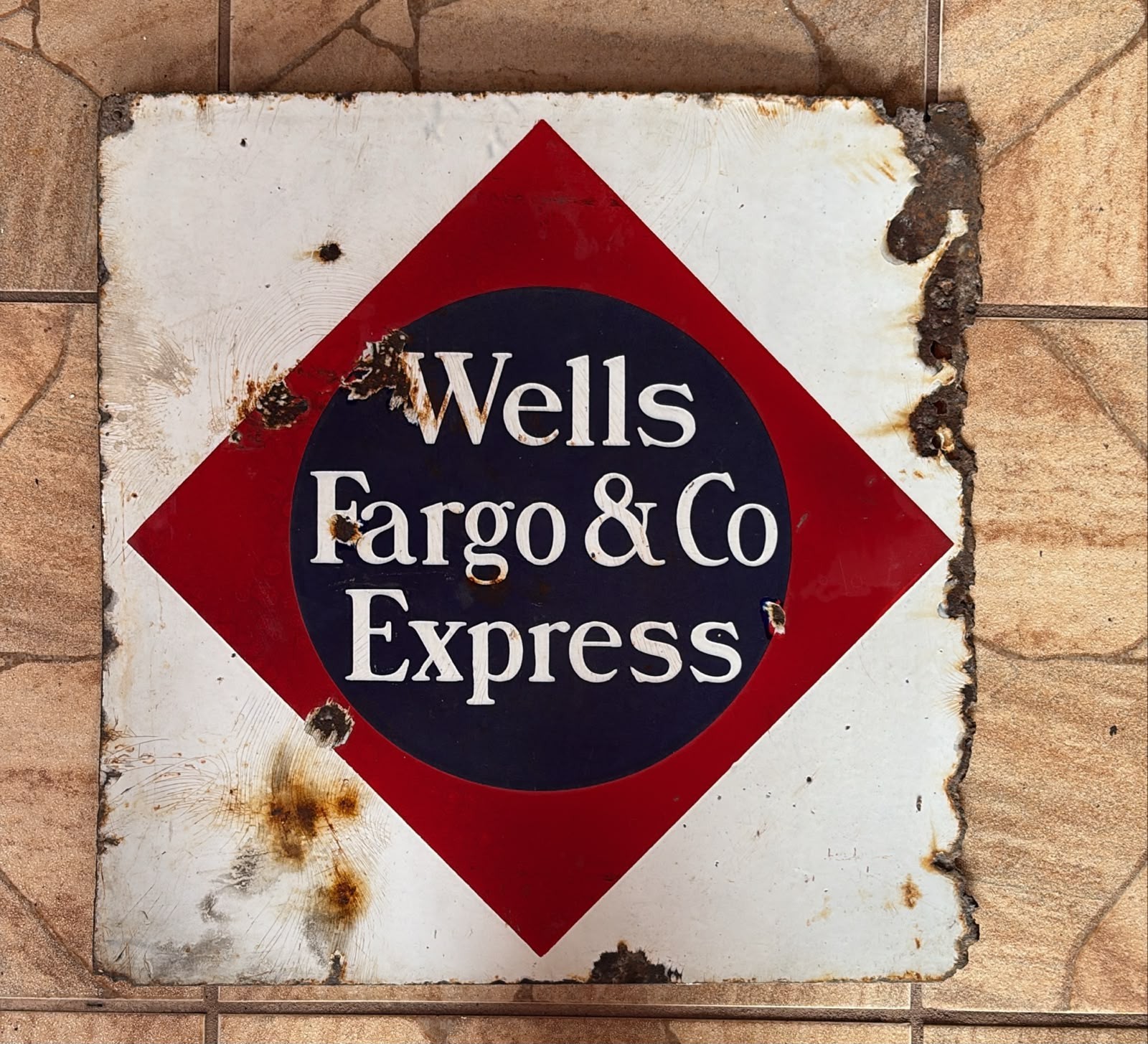 ANTIQUE 1930s VINTAGE DOUBLE SIDED PORCELAIN WELLS FARGO & CO EXPRESS SIGN