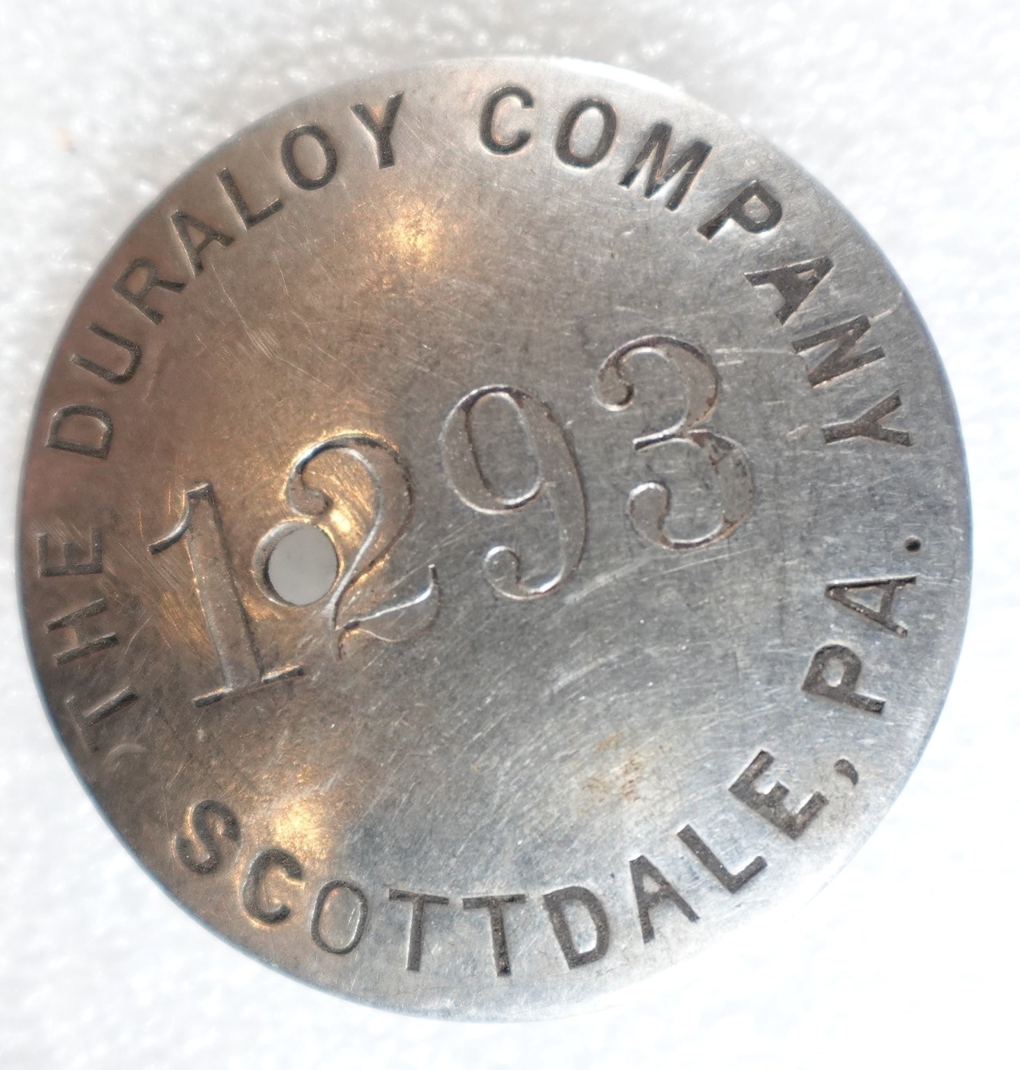 Duraloy Company Pinback Button Scottdale PA Employee Badge 1293 Round Duraloy Company Pinback Button Scottdale PA Employee Badge 1293 Round