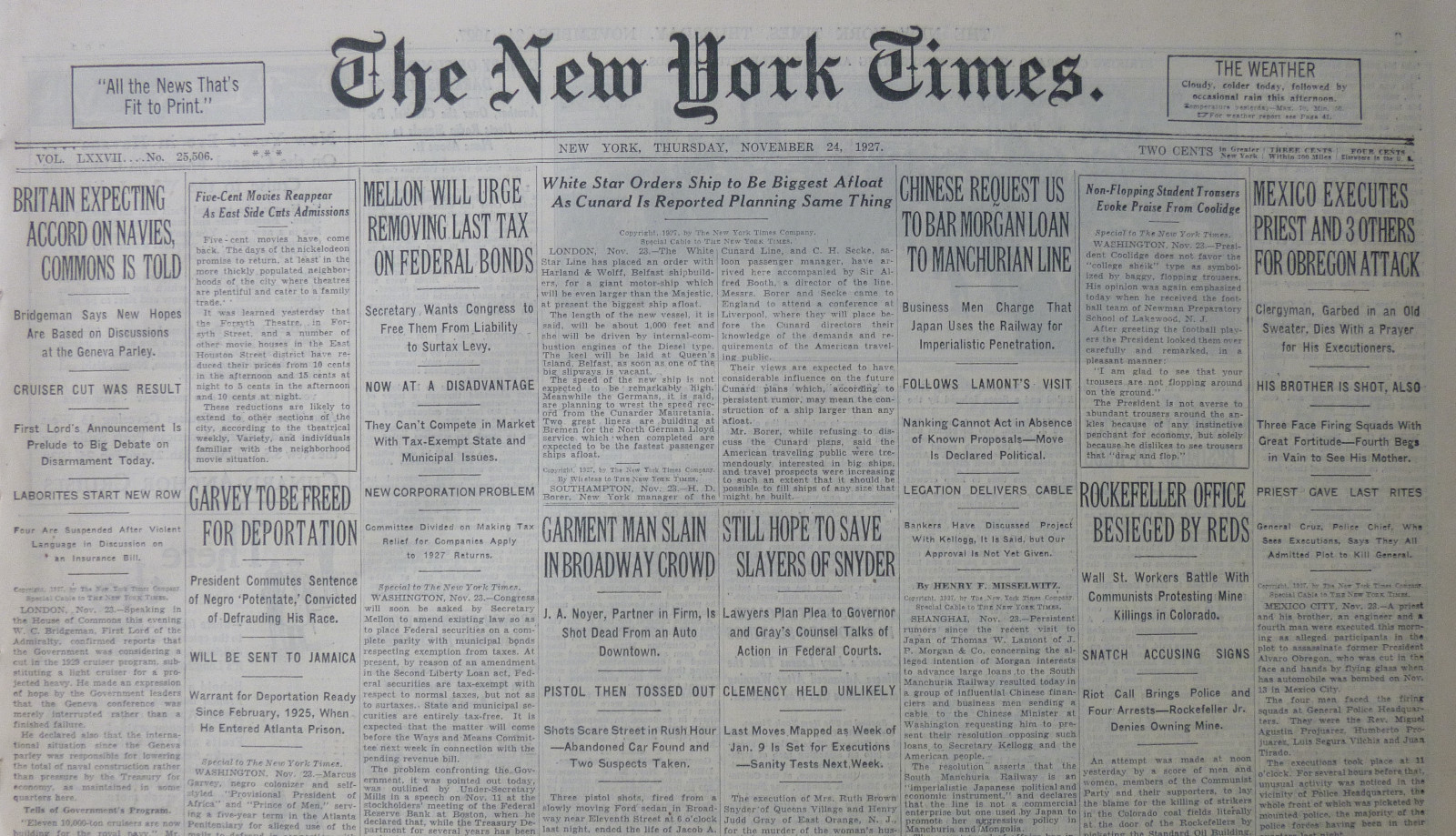 11-1927 November 24 NANKING - OBREGON ROCKEFELLER CUNARD MELLON UK NAVY ACCORD 
