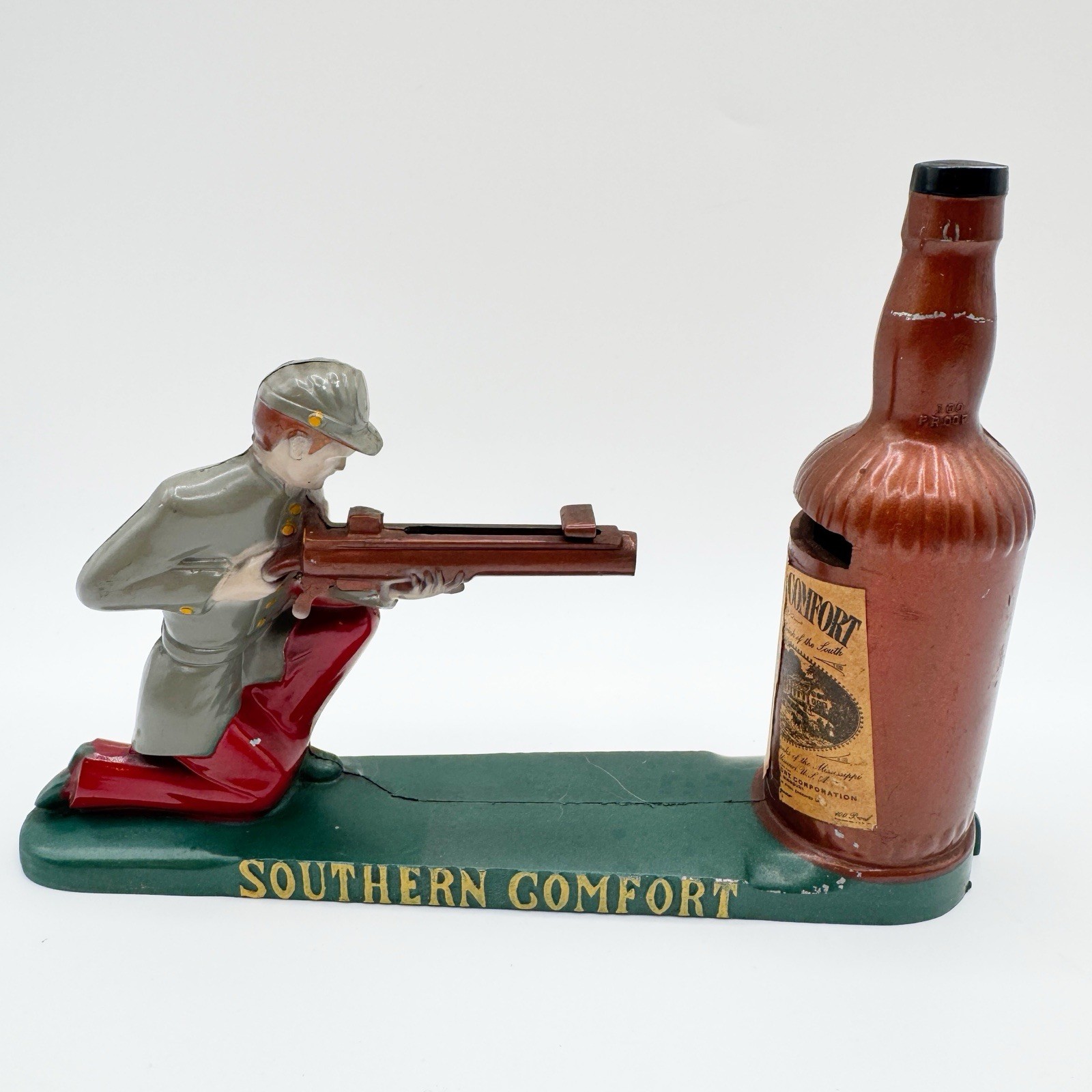 Vtg Southern Comfort Mechanical Coin Bank Penny Shooter Civil War WORKING Metal