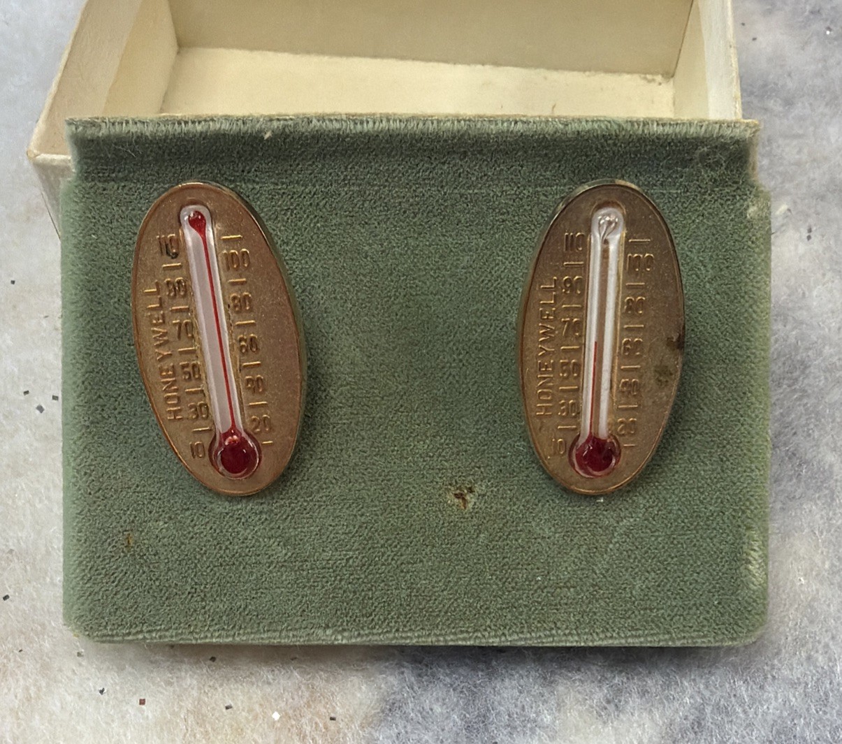 Vintage Mid-Century Honeywell Thermometer Cufflinks Set In Original Box Made USA