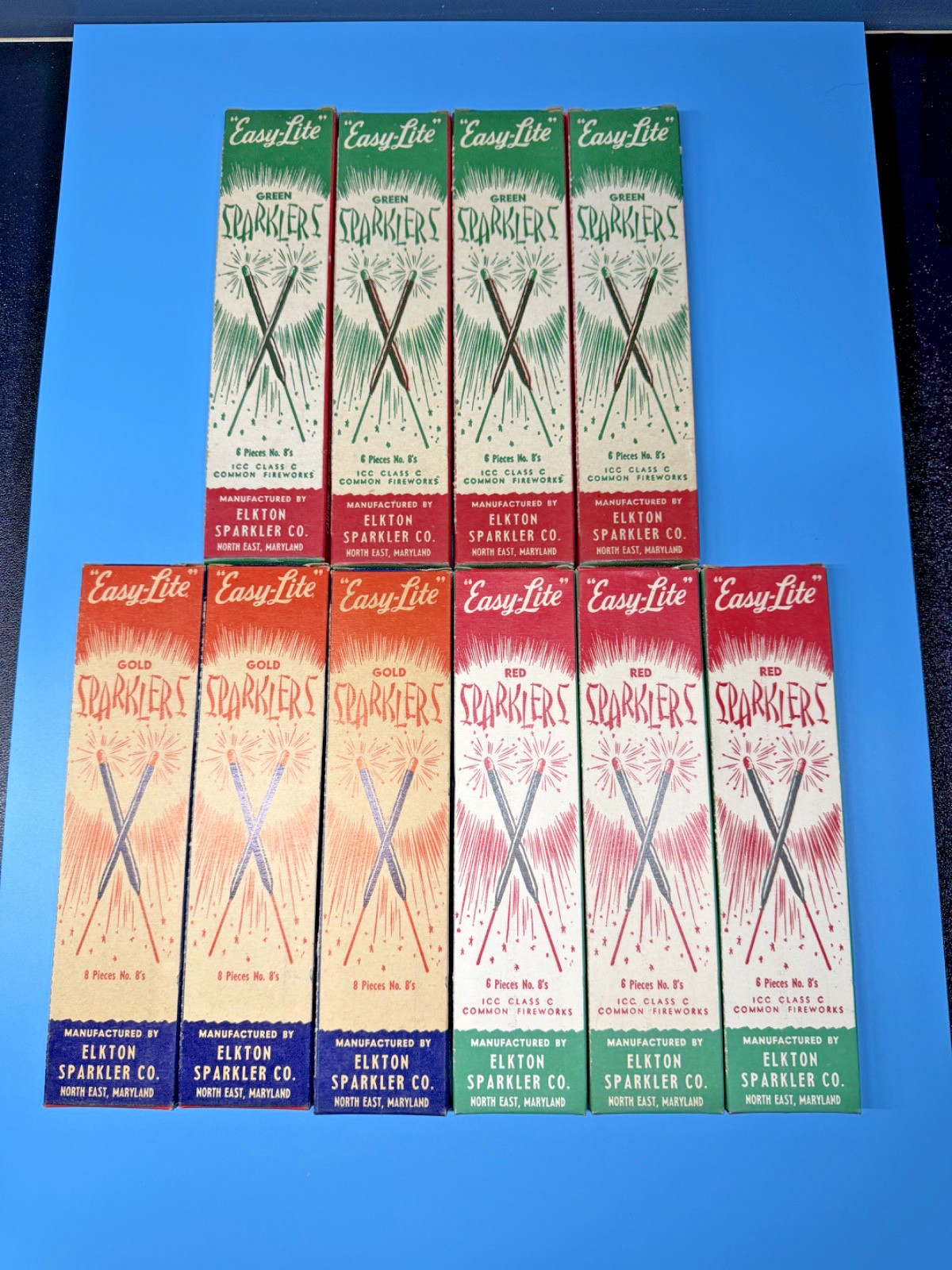 Vintage Firework Sparkers Boxes Easy Lite Elkton 3 Gold/4 Green/3 Red BOXES ONLY