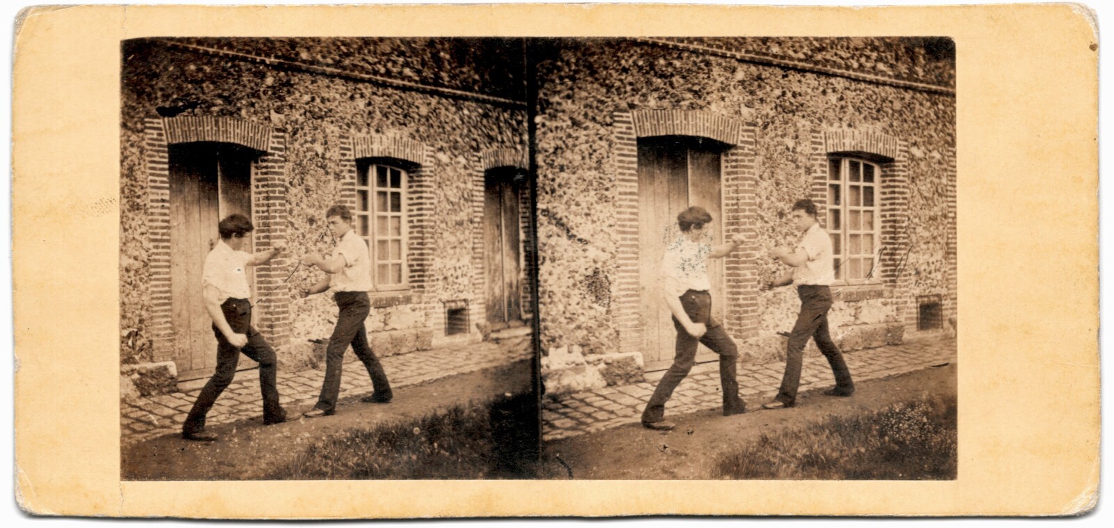 Stereo Photo Boxers Young Men Fighting in the Street ca 1870 Sport