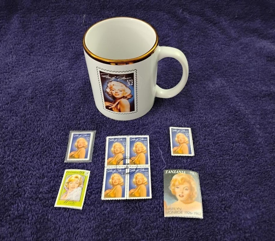 MARILYN MONROE Vintage Ceramic Coffee Mug with Stamp Plus 8 more MM Stamps 1995