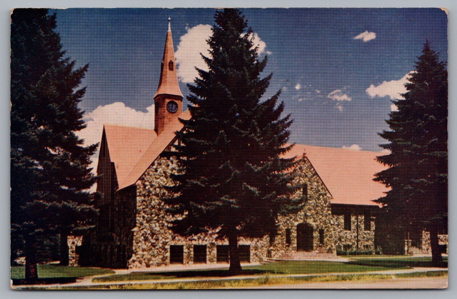 LDS Chapel in Cedar City, Front View, Trees & Grounds, Cedar City, UT. Postcard