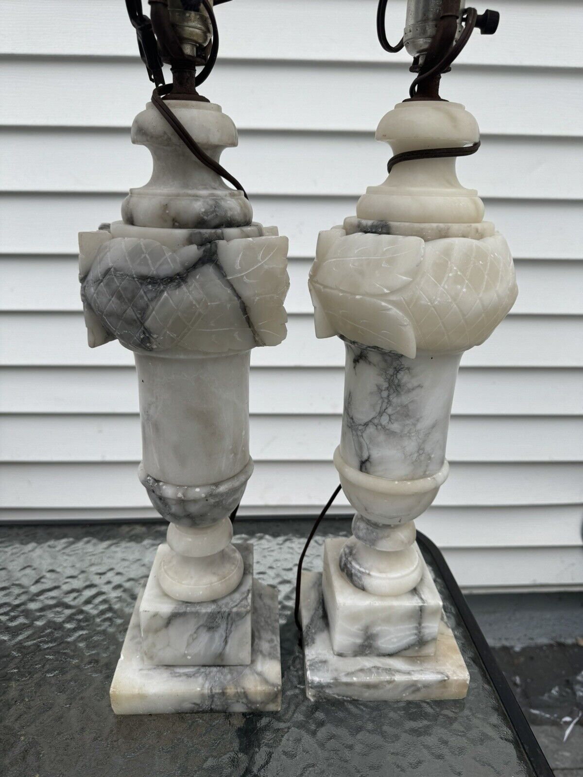 Vintage Pair Of Alabaster Marble Lamps MCM 17” Base