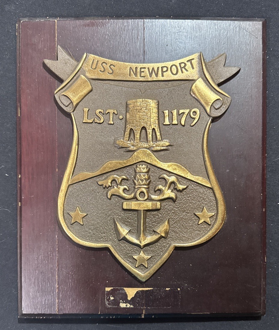 1960s Brass USS Newport News Ship Navy Plaque on Wood Mount - LST. 1179 1960s Brass USS Newport News Ship Navy Plaque on Wood Mount - LST. 1179
