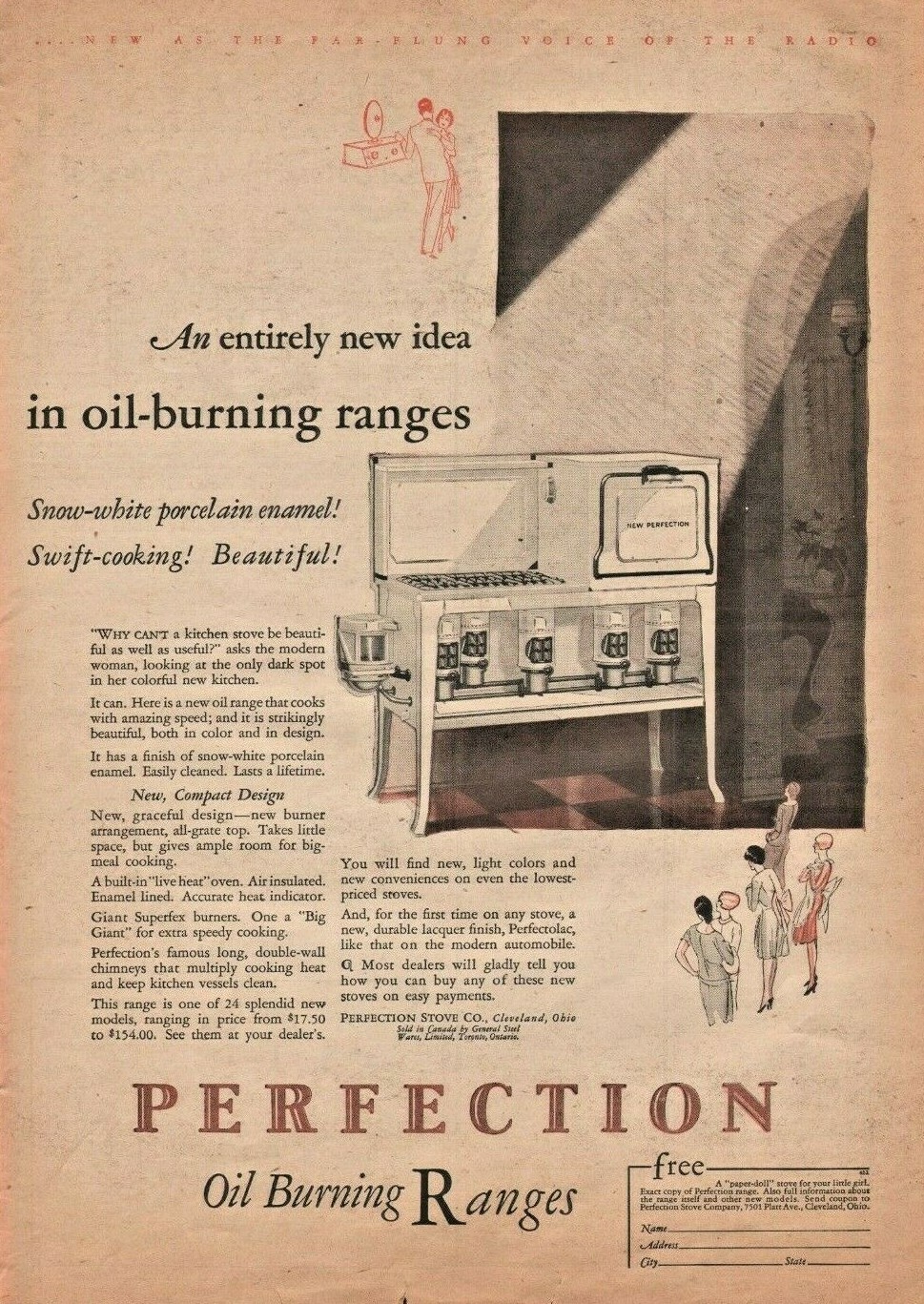 1928 Perfection Oil Burning Range Kitchen Stove Cleveland Ohio - Vintage Ad