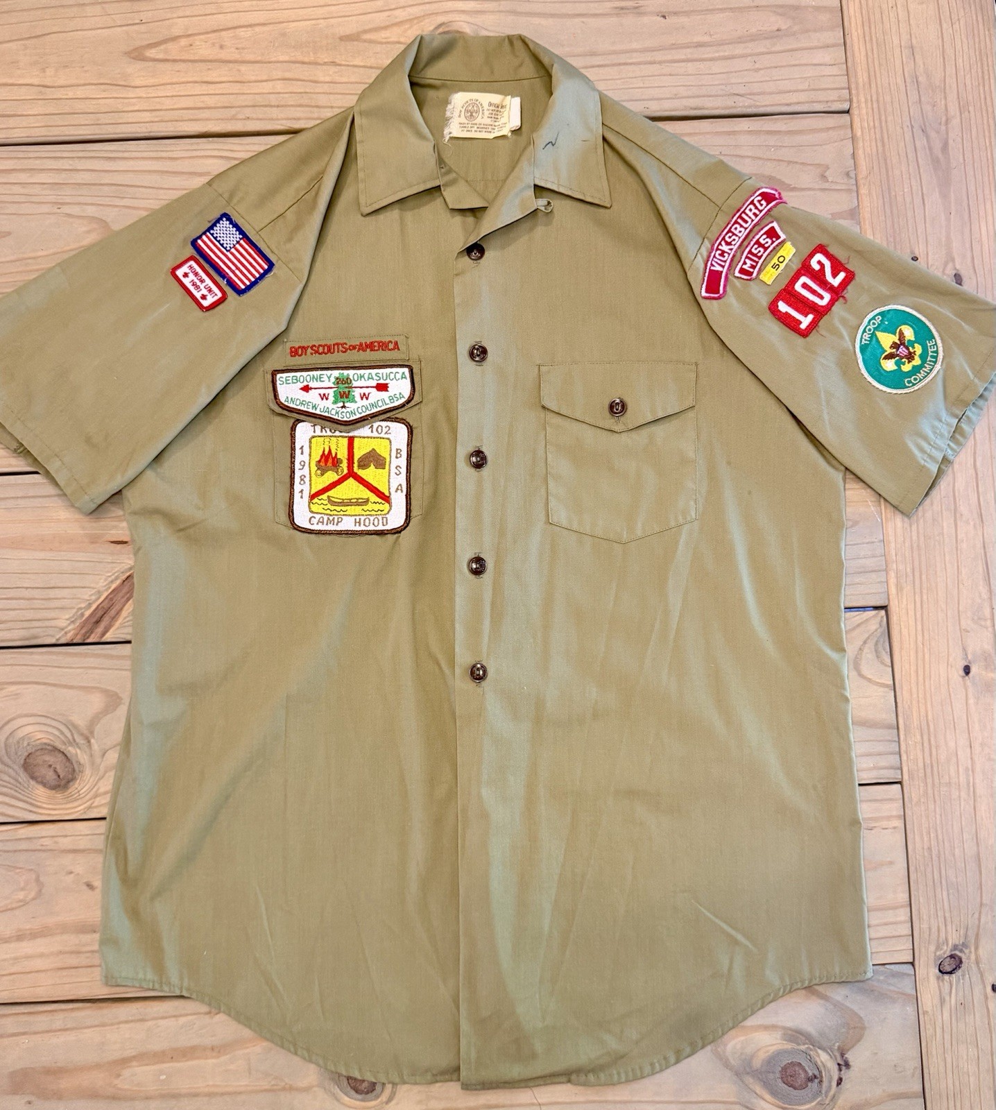 Vintage BSA Boy Scout Shirt 1981 Vicksburg MS Troop 102 Camp Hood OA Lodge 260