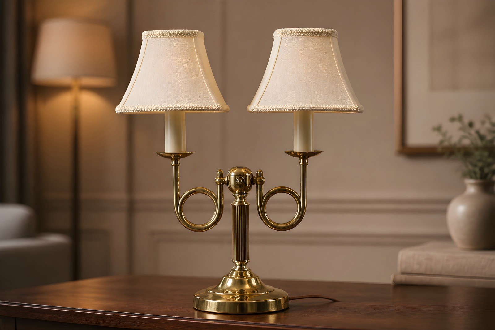 Vintage Alsy Baldwin Brass two-armed table lamp with French horn arms 17.5” Vintage Alsy Baldwin Brass two-armed table lamp with French horn arms 17.5”