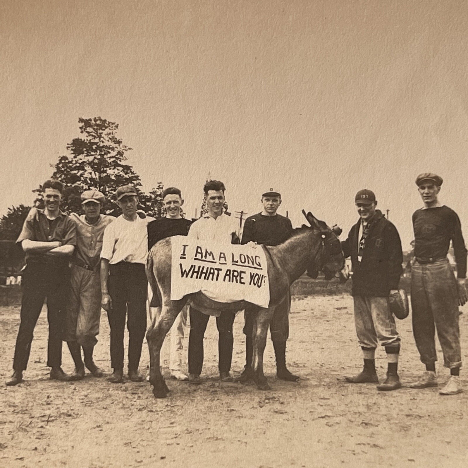 Antique B&W Snapshot Group Photograph Young Men Baseball Donkey I Am A Long Sign