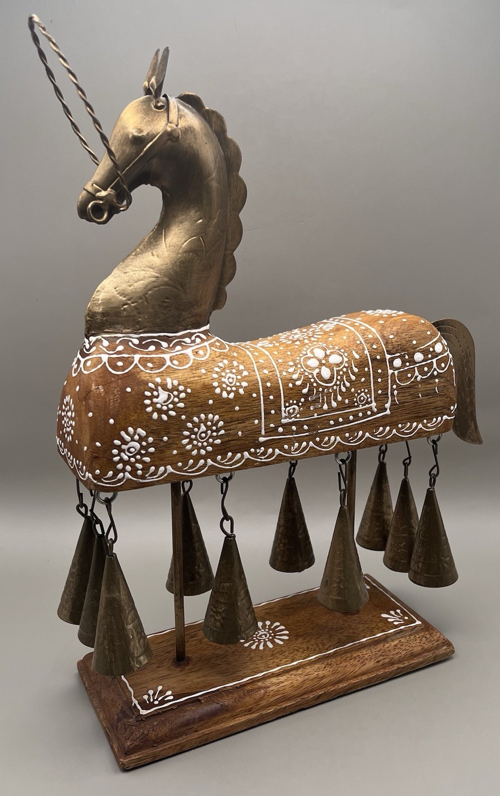 Handcrafted Wooden Horse with Brass Bells – 13” Folk Art Showpiece Indian Decor