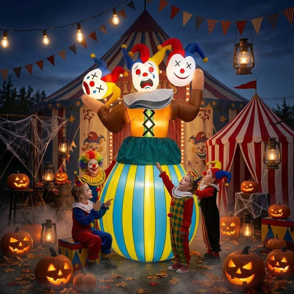 8FT Giant Halloween Inflatable Scary Jester 3 Headed Clown Flashing LED Carnival 8FT Giant Halloween Inflatable Scary Jester 3 Headed Clown Flashing LED Carnival