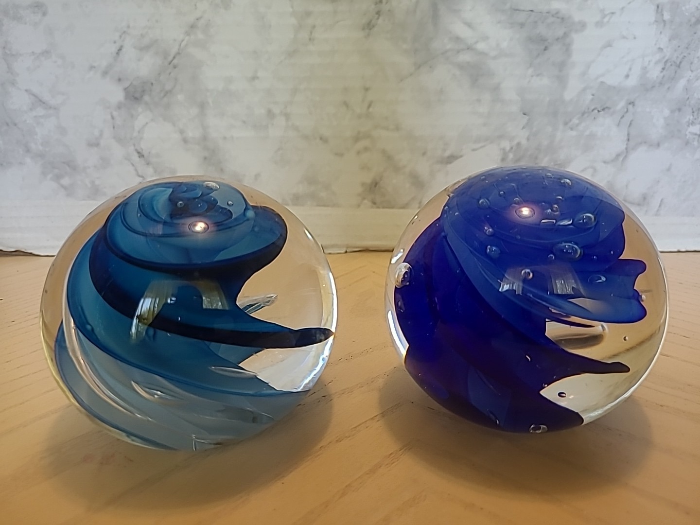 2 Vintage Blue Swirl Glass Paperweight With Marks Light Blue G 94, Darker G 97